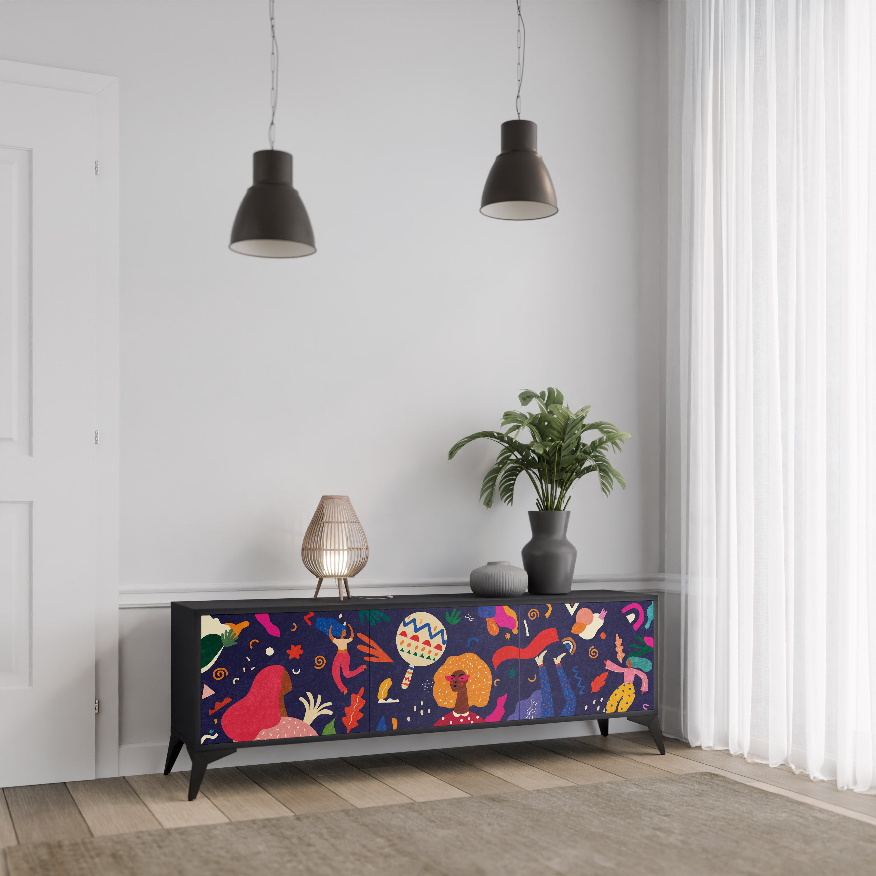 Mueble de TV de 3 puertas PLACERES FESTIVOS con acabado negro