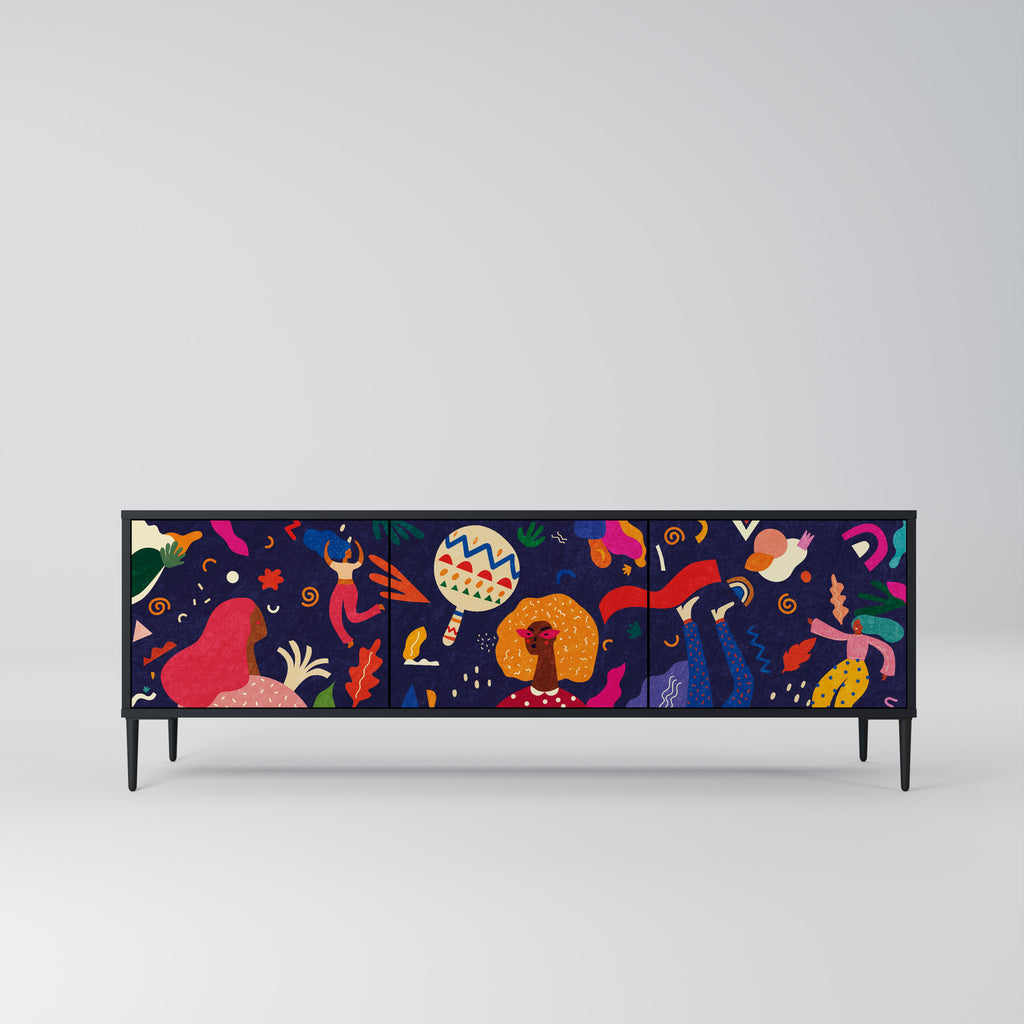 Mueble de TV de 3 puertas PLACERES FESTIVOS con acabado negro