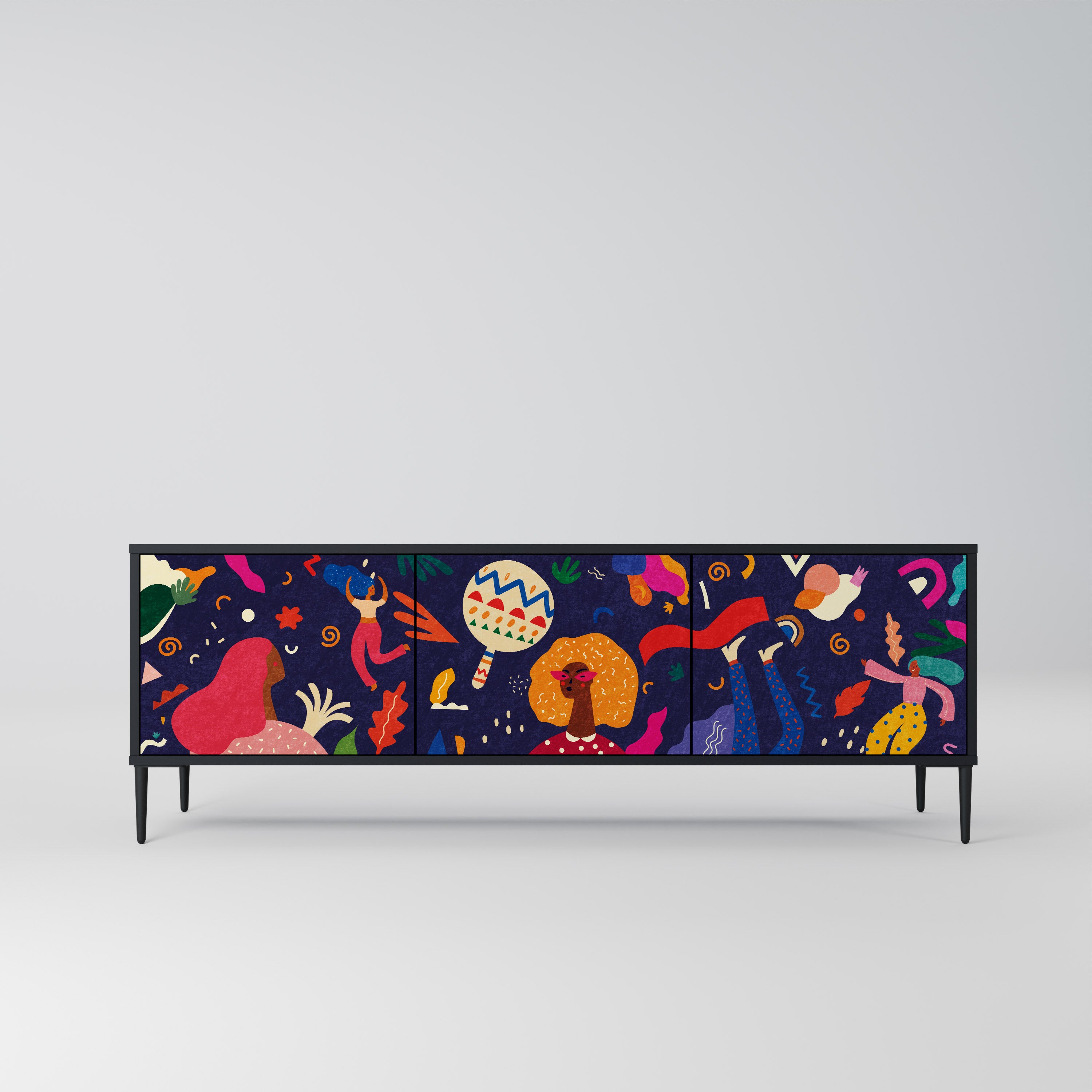 Mueble de TV de 3 puertas PLACERES FESTIVOS con acabado negro