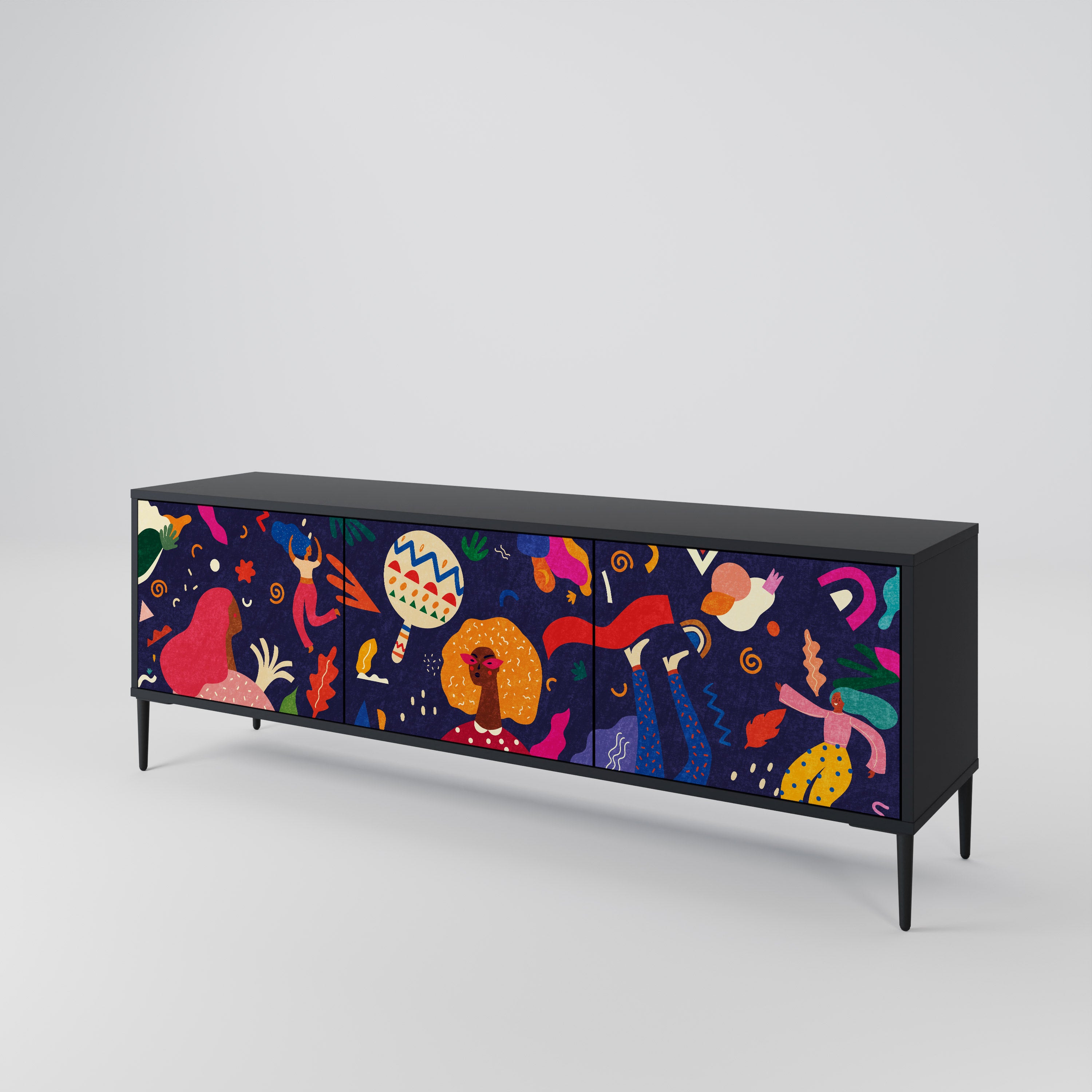 Mueble de TV de 3 puertas PLACERES FESTIVOS con acabado negro