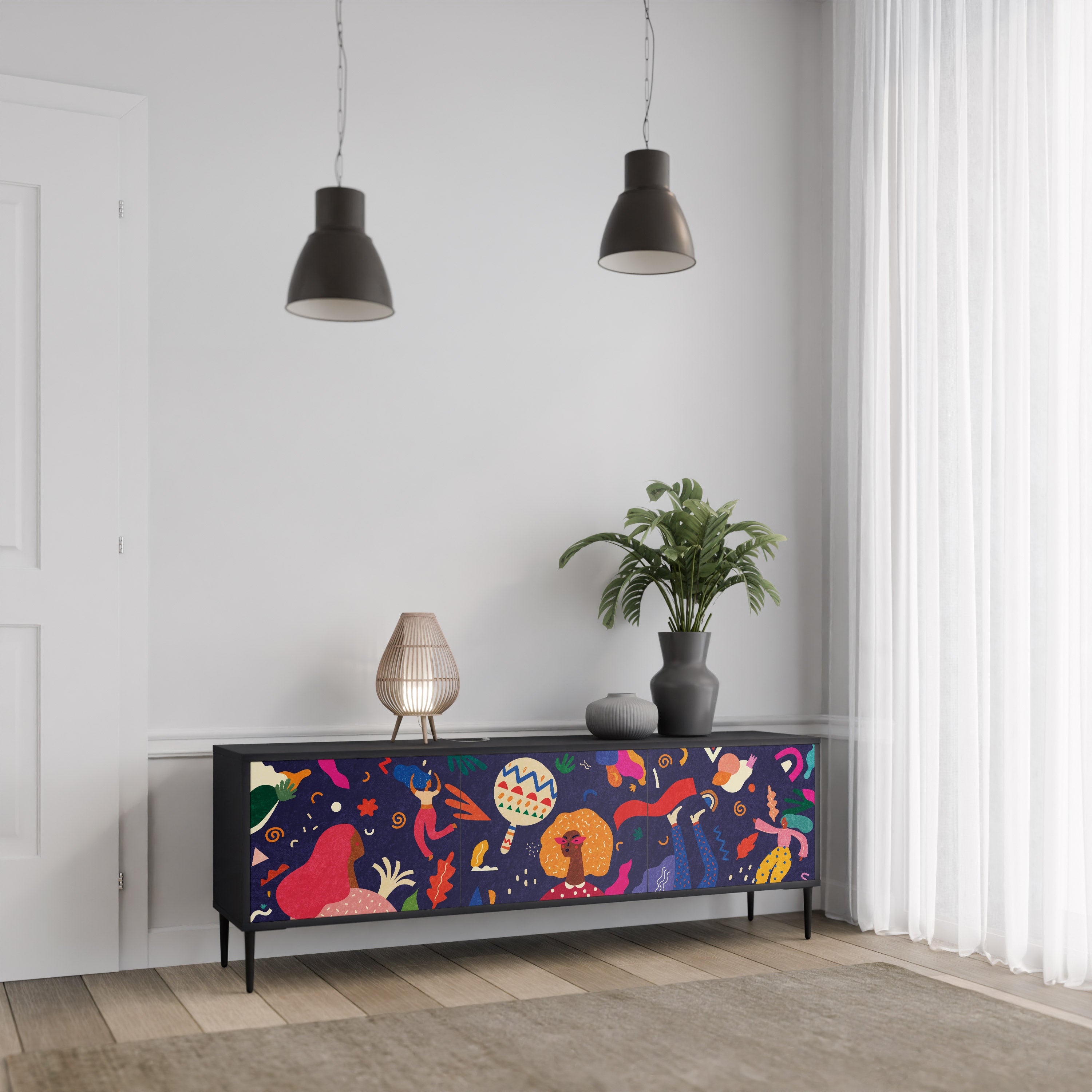 Mueble de TV de 3 puertas PLACERES FESTIVOS con acabado negro