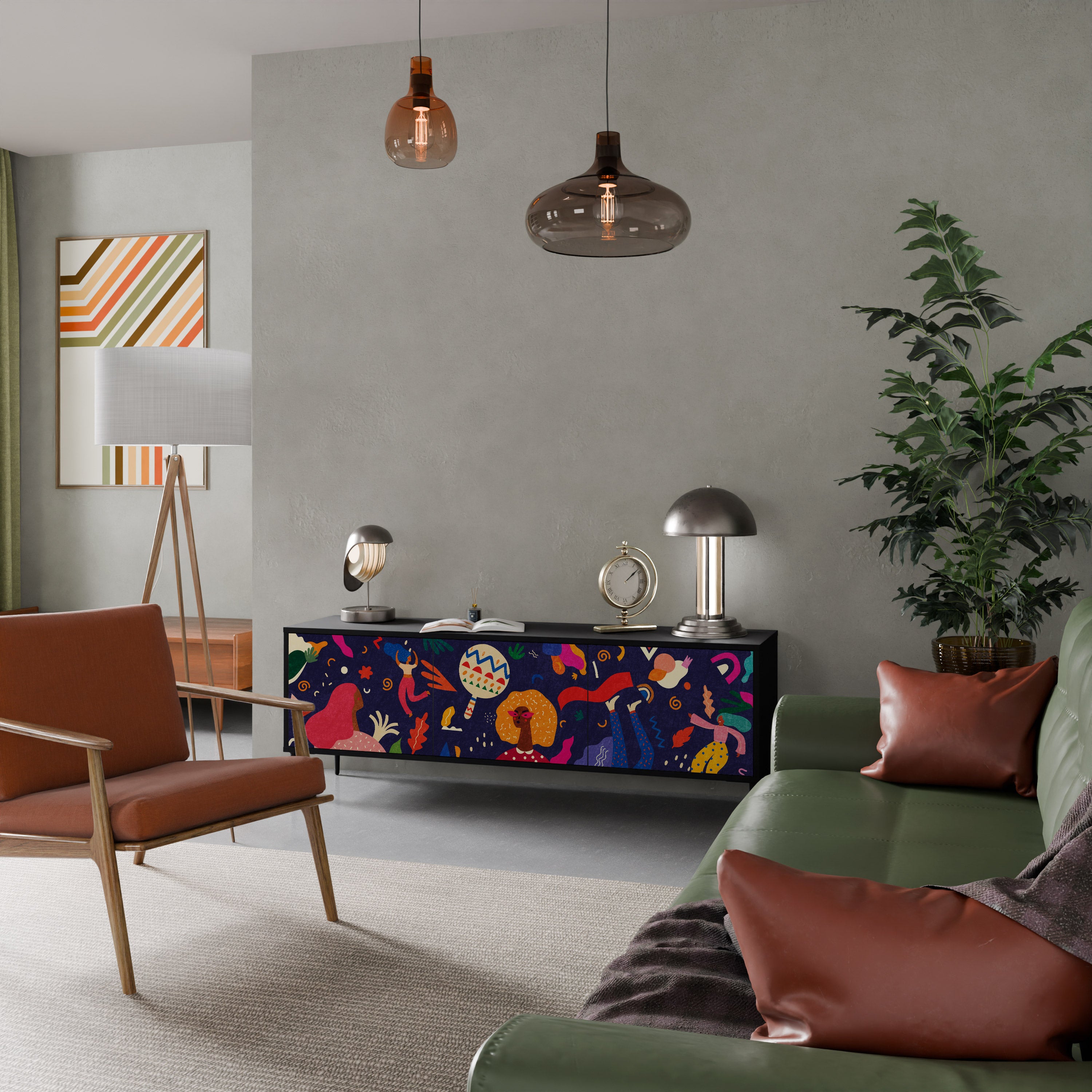 Mueble de TV de 3 puertas PLACERES FESTIVOS con acabado negro
