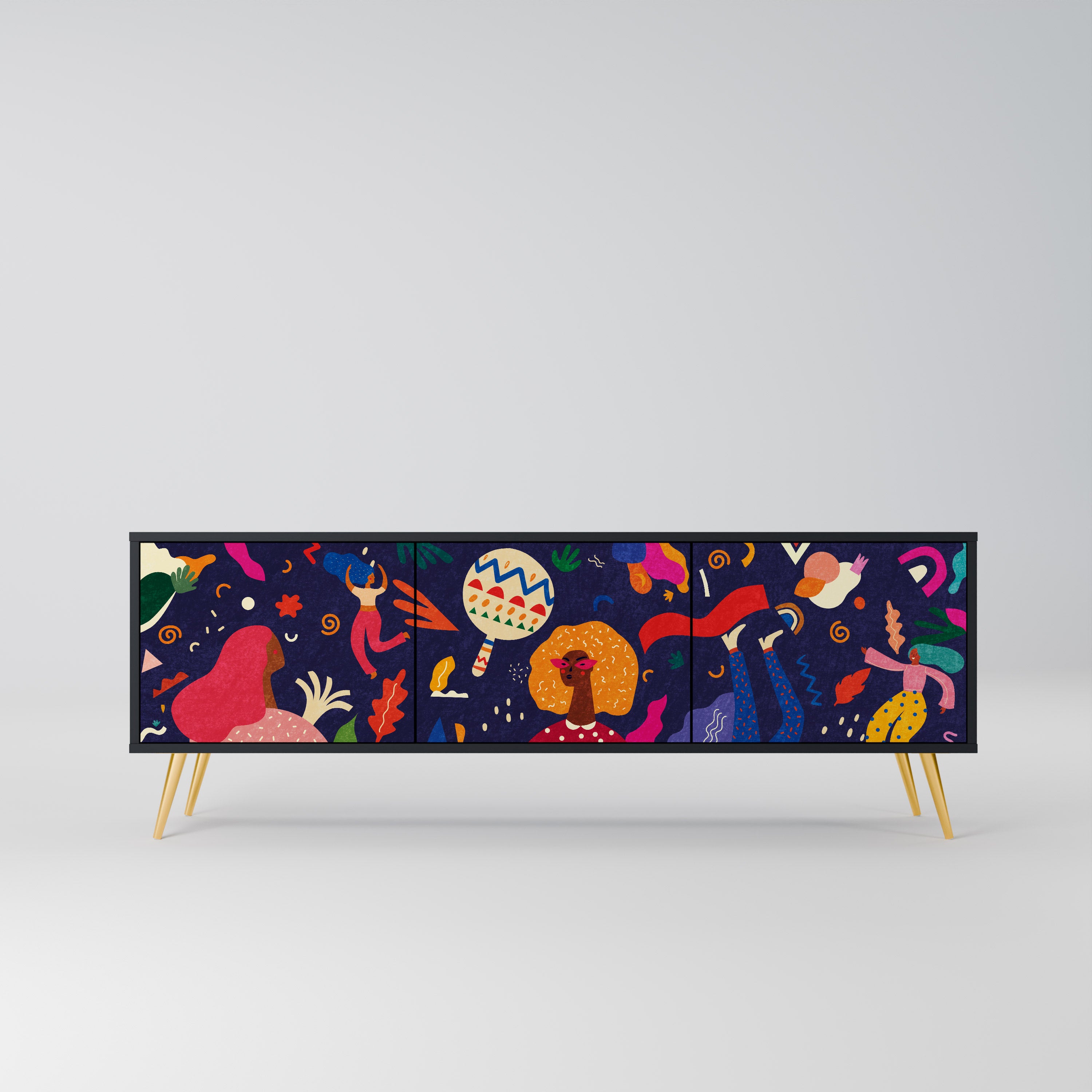 Mueble de TV de 3 puertas PLACERES FESTIVOS con acabado negro