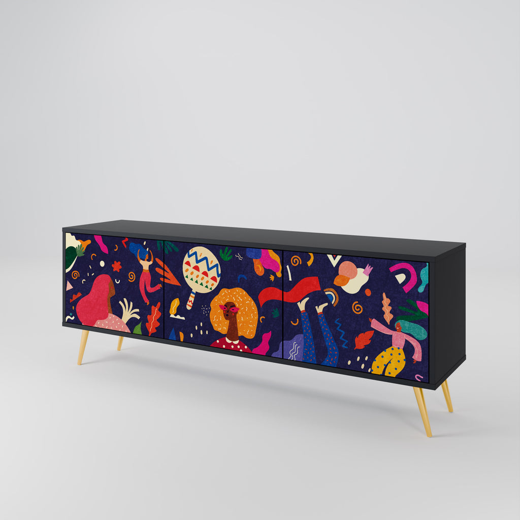 Mueble de TV de 3 puertas PLACERES FESTIVOS con acabado negro