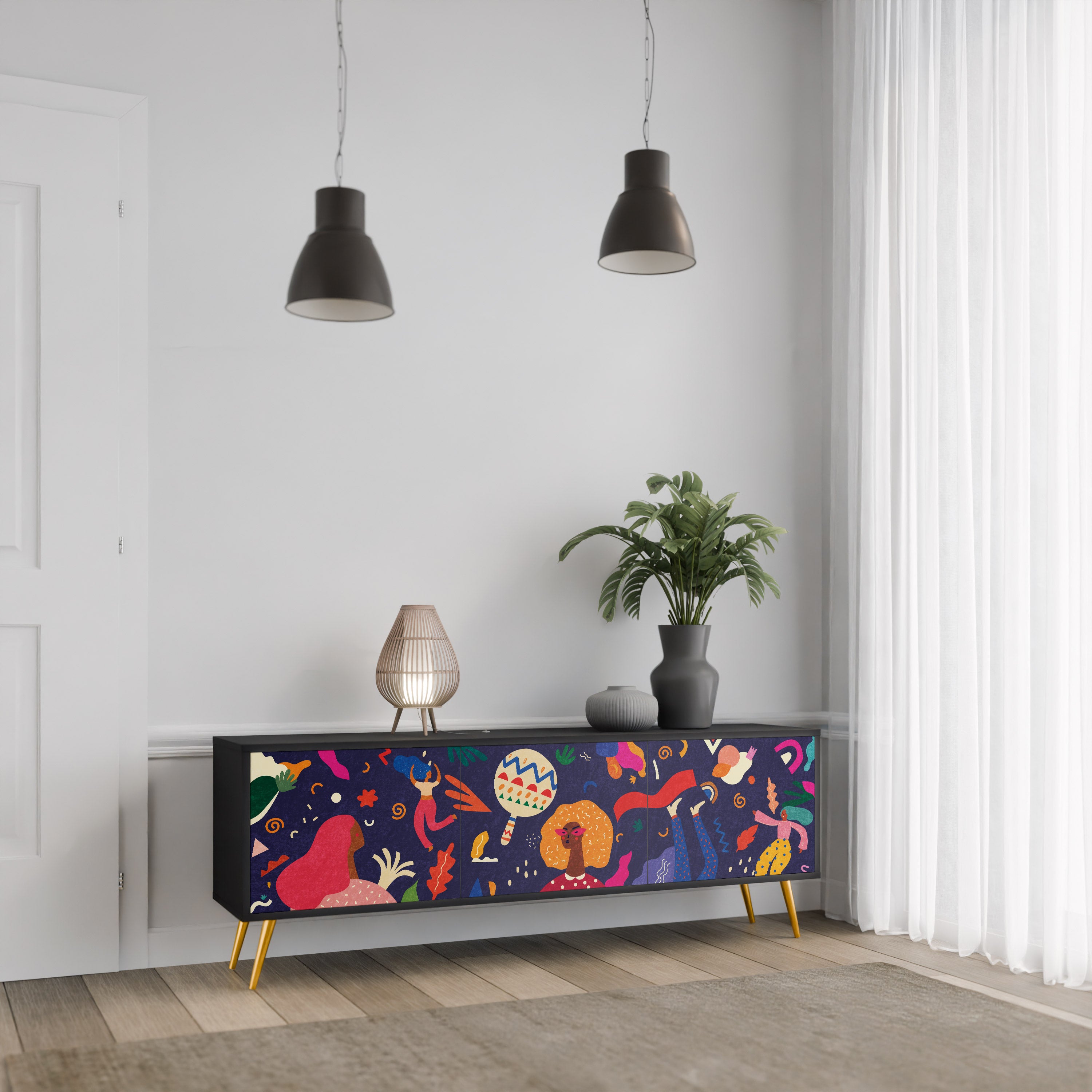 Mueble de TV de 3 puertas PLACERES FESTIVOS con acabado negro