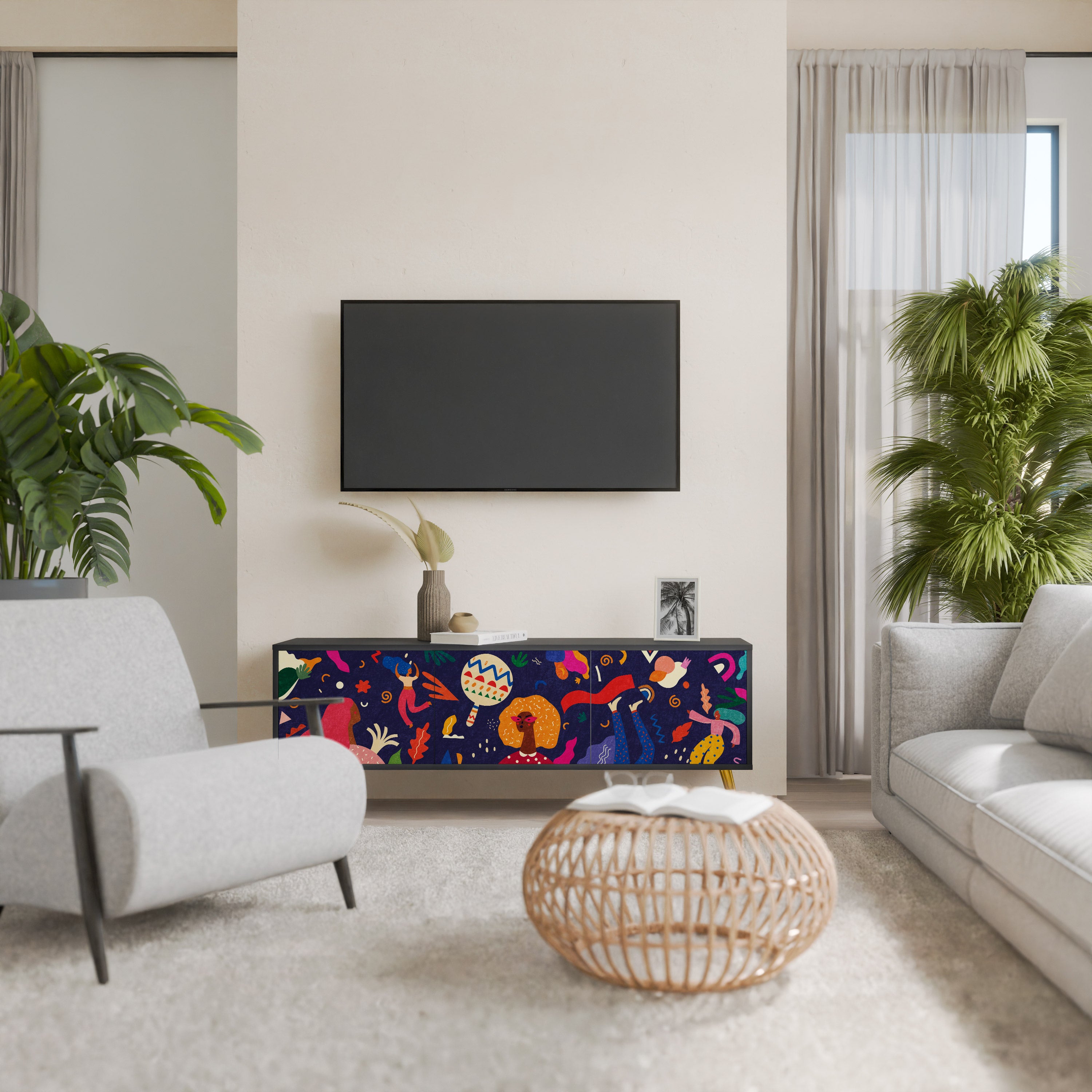 Mueble de TV de 3 puertas PLACERES FESTIVOS con acabado negro