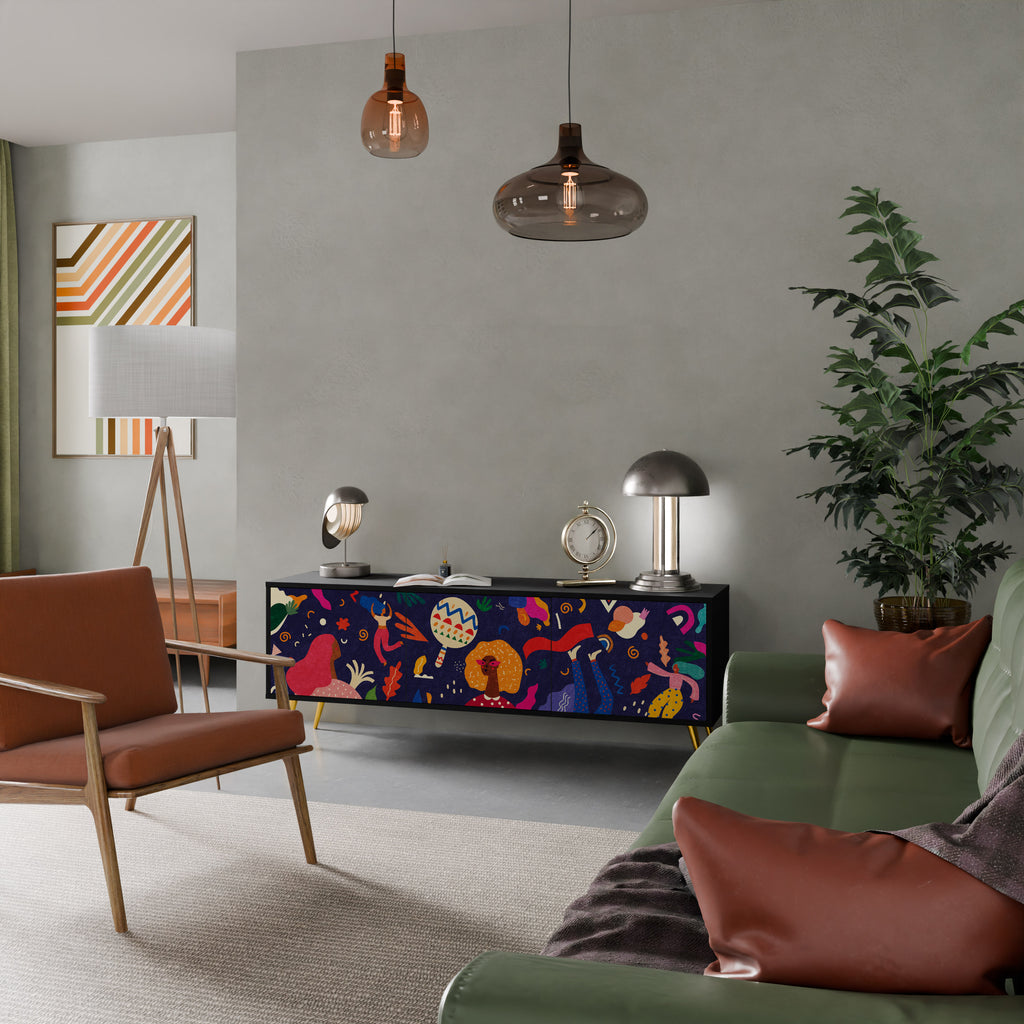 Mueble de TV de 3 puertas PLACERES FESTIVOS con acabado negro