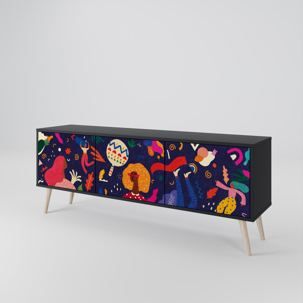 Mueble de TV de 3 puertas PLACERES FESTIVOS con acabado negro