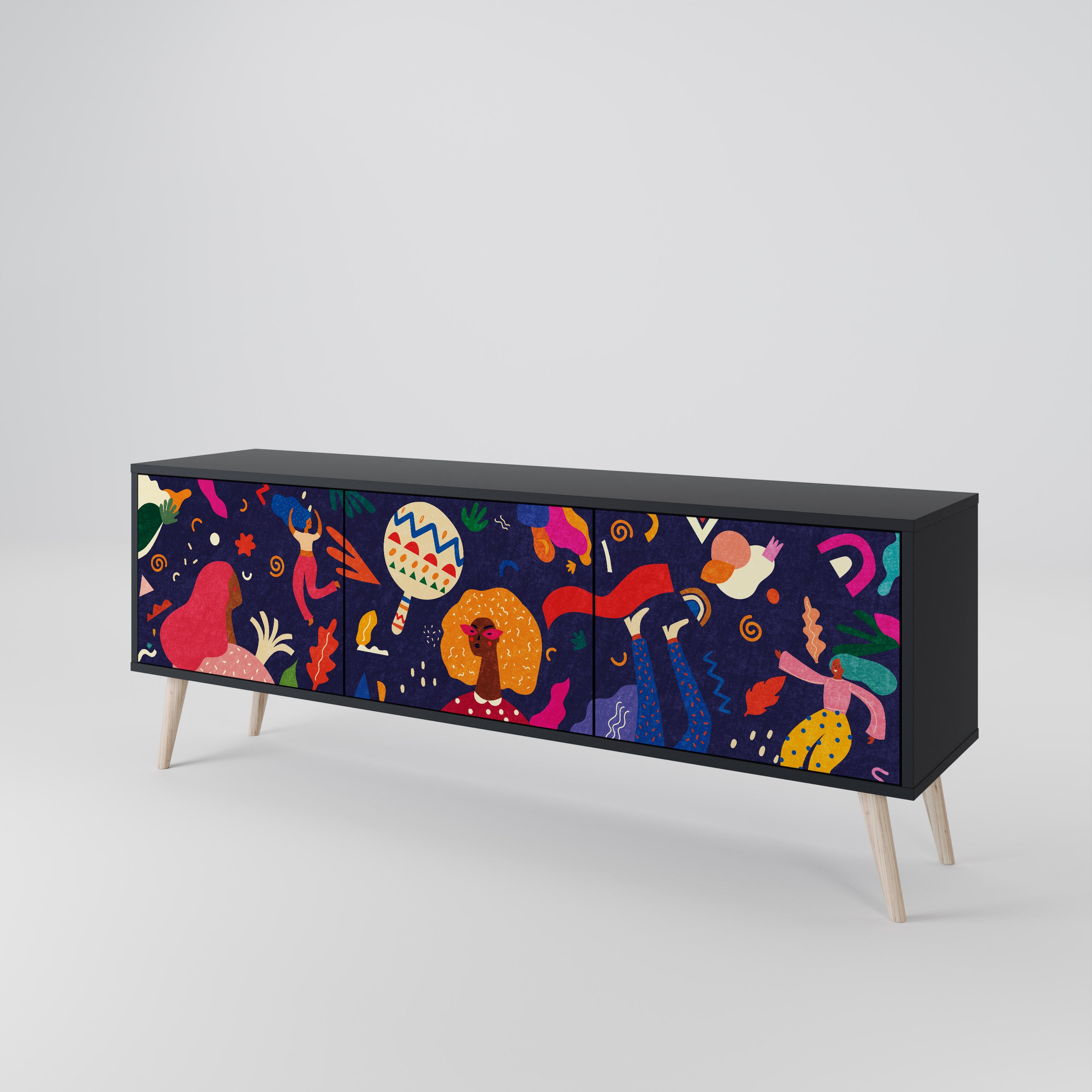 Mueble de TV de 3 puertas PLACERES FESTIVOS con acabado negro