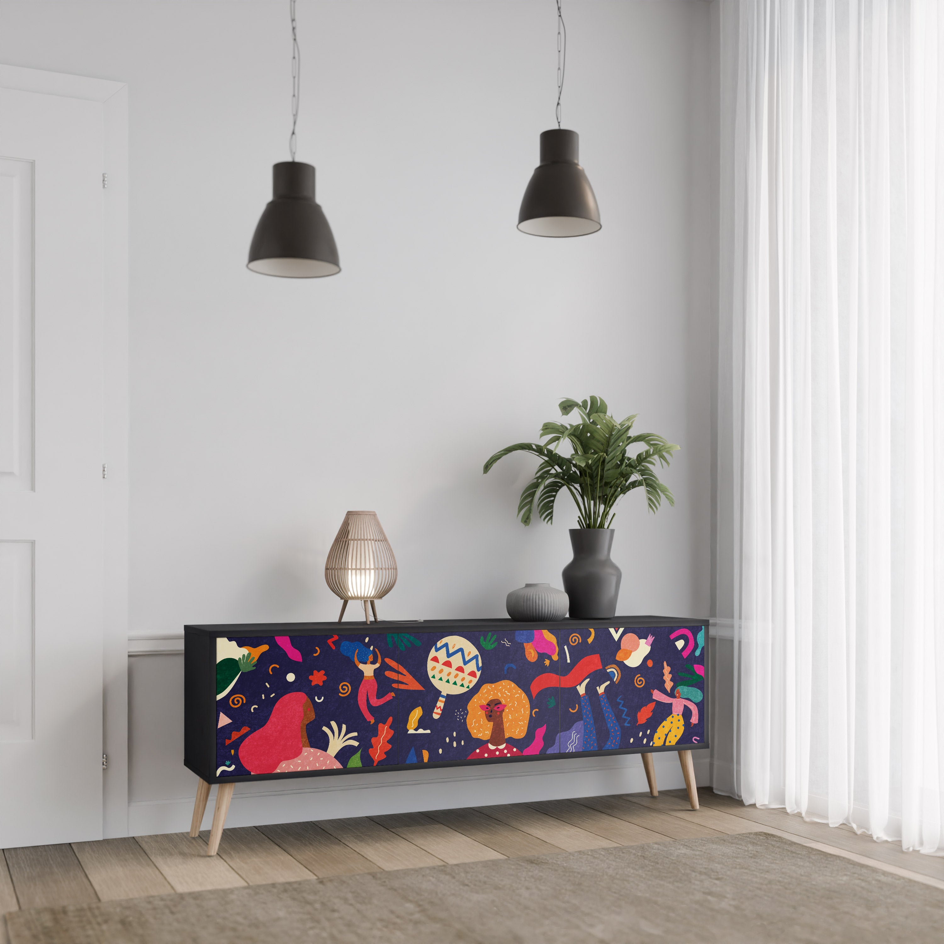 Mueble de TV de 3 puertas PLACERES FESTIVOS con acabado negro