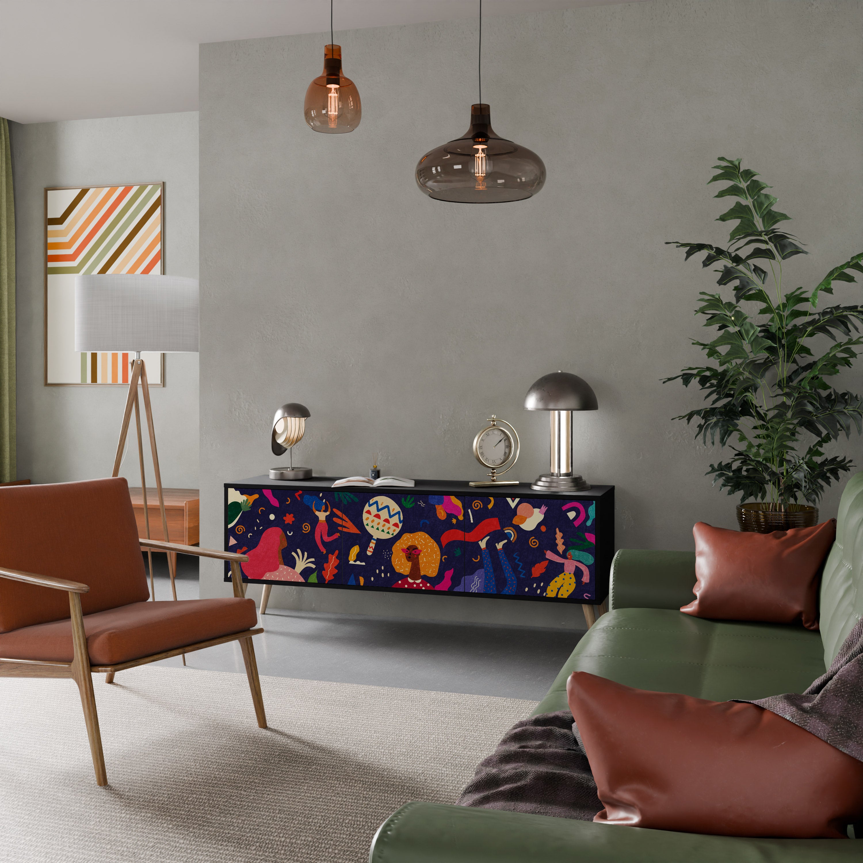 Mueble de TV de 3 puertas PLACERES FESTIVOS con acabado negro