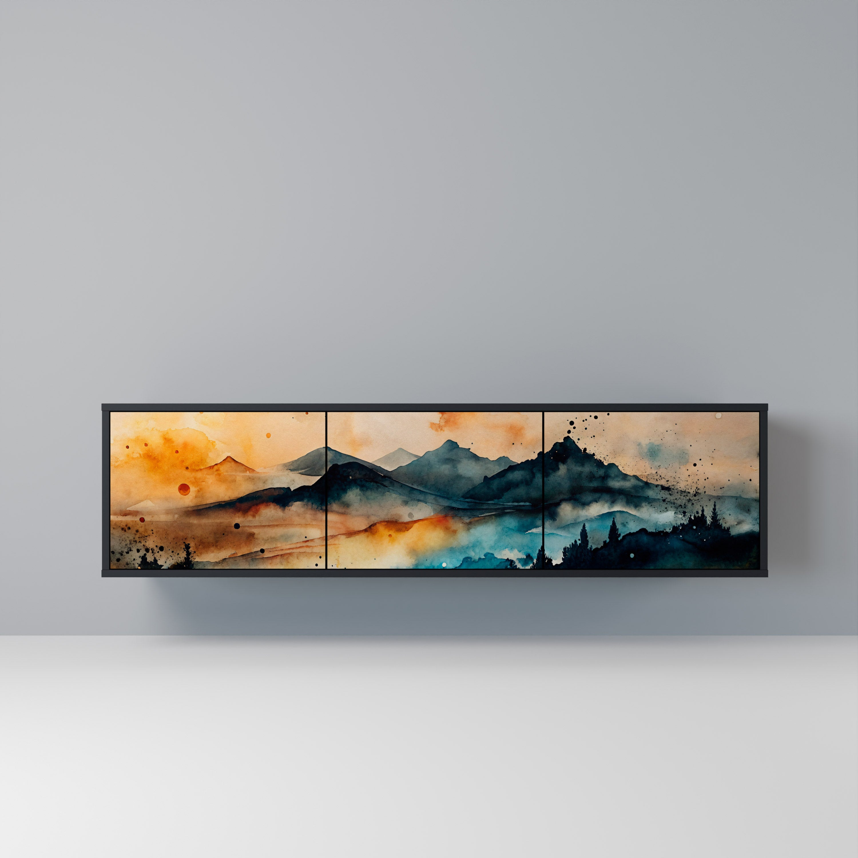Mueble de TV de 3 puertas OMINOUS MOUNTAINS con acabado negro