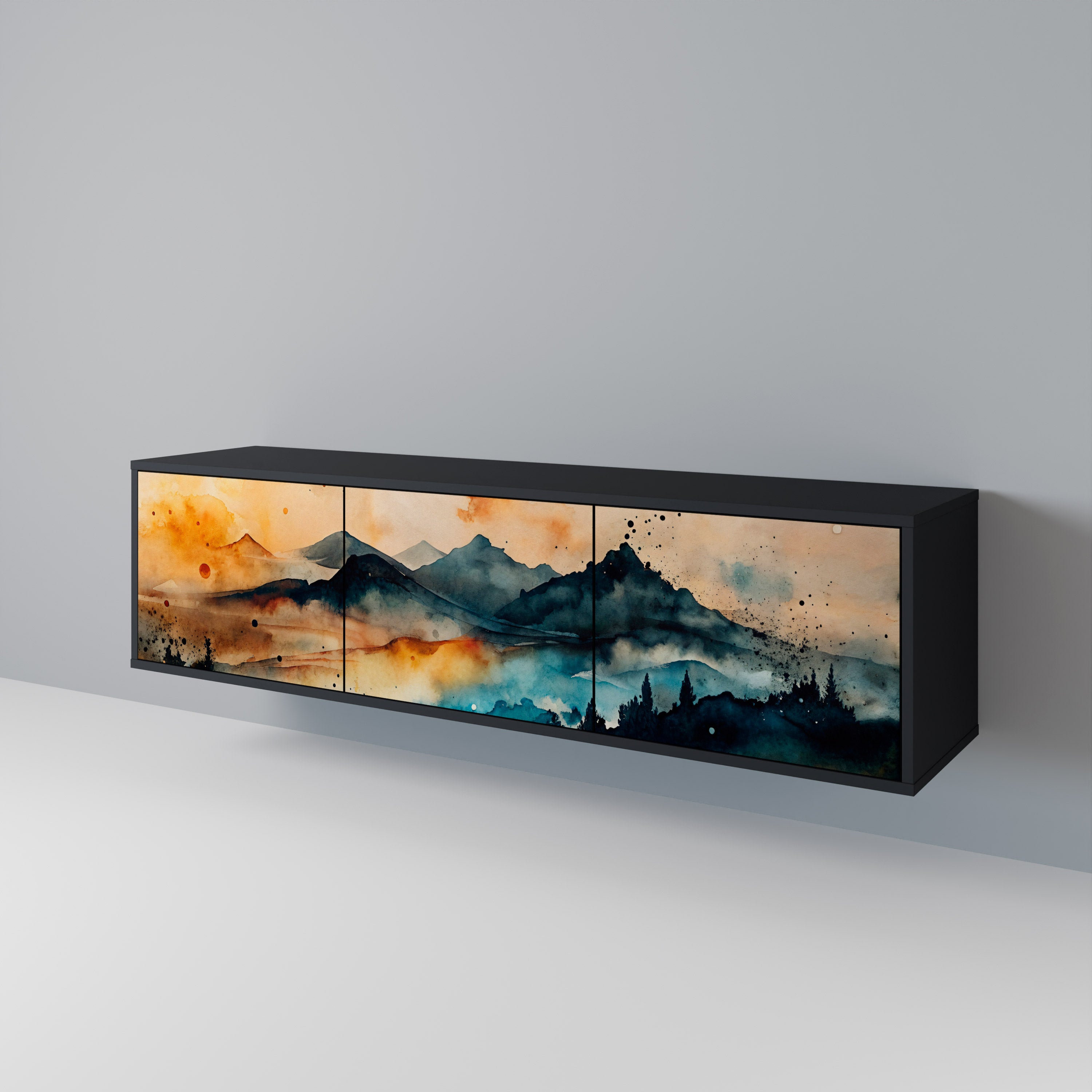 Mueble de TV de 3 puertas OMINOUS MOUNTAINS con acabado negro