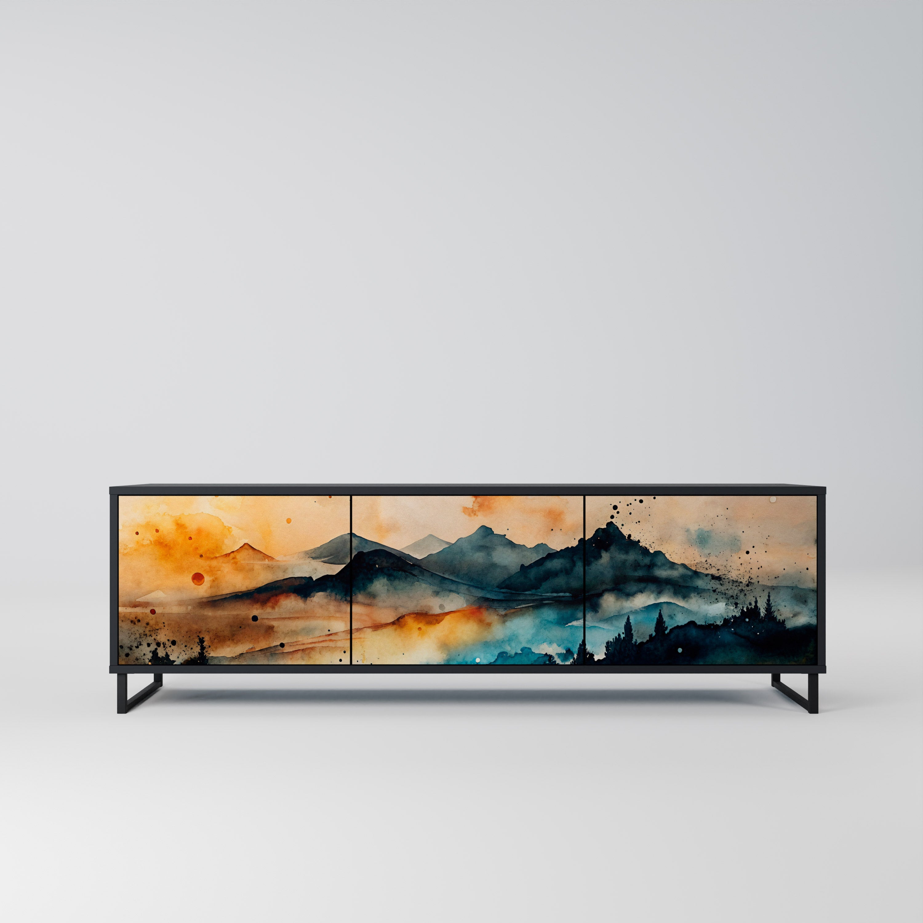 Mueble de TV de 3 puertas OMINOUS MOUNTAINS con acabado negro