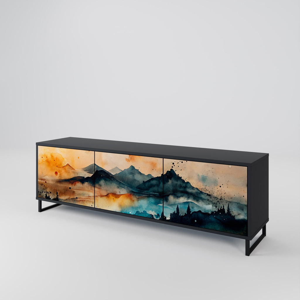 Mueble de TV de 3 puertas OMINOUS MOUNTAINS con acabado negro