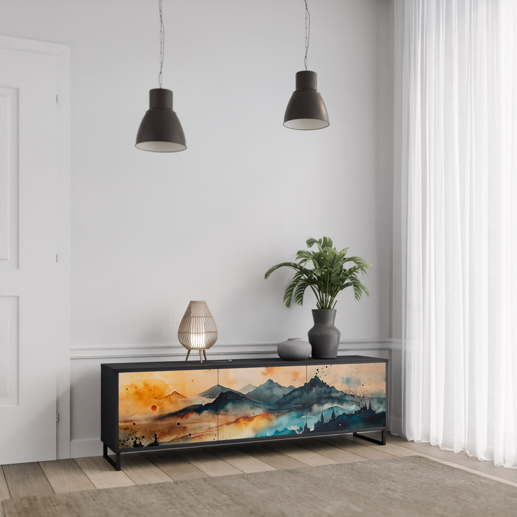 Mueble de TV de 3 puertas OMINOUS MOUNTAINS con acabado negro