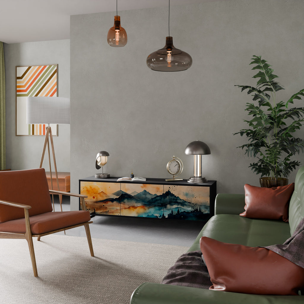 Mueble de TV de 3 puertas OMINOUS MOUNTAINS con acabado negro
