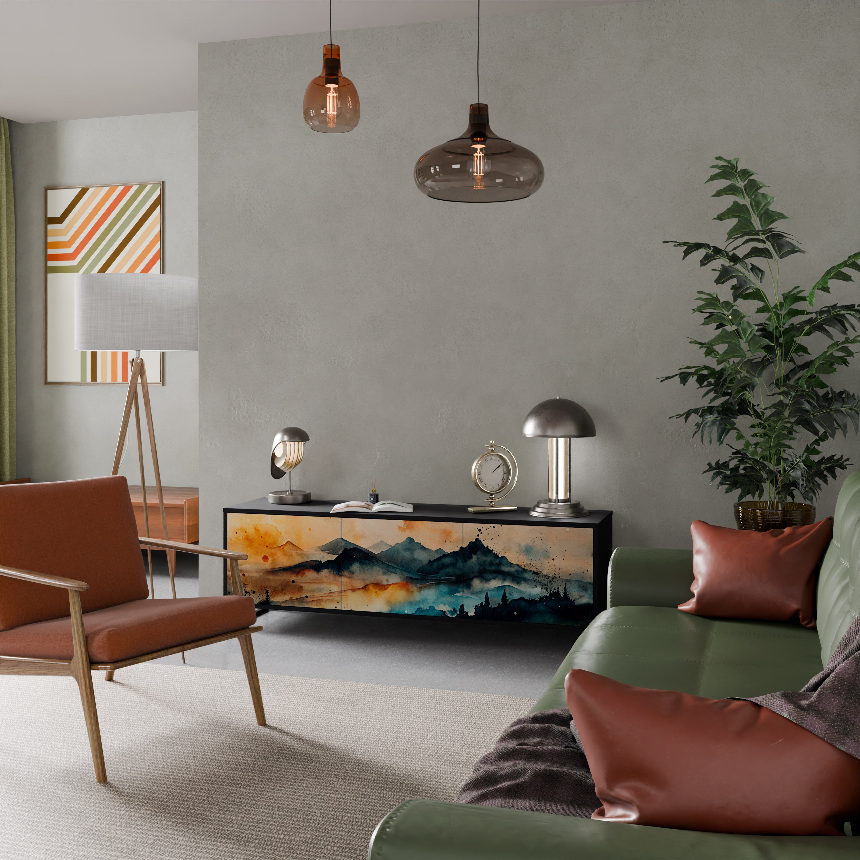 Mueble de TV de 3 puertas OMINOUS MOUNTAINS con acabado negro