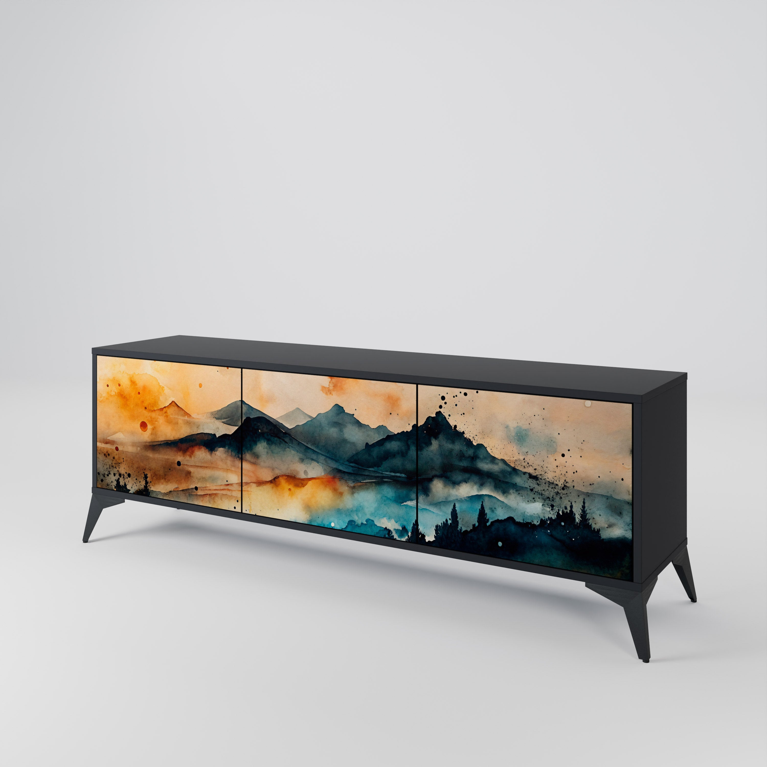 Mueble de TV de 3 puertas OMINOUS MOUNTAINS con acabado negro