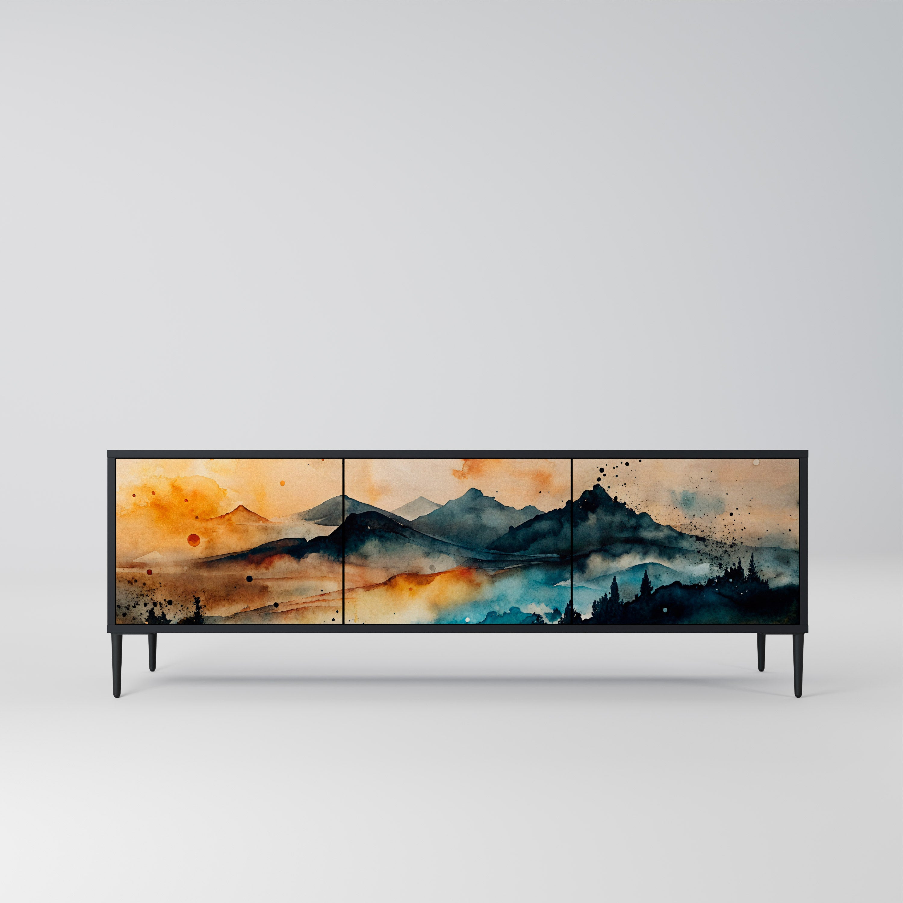 Mueble de TV de 3 puertas OMINOUS MOUNTAINS con acabado negro