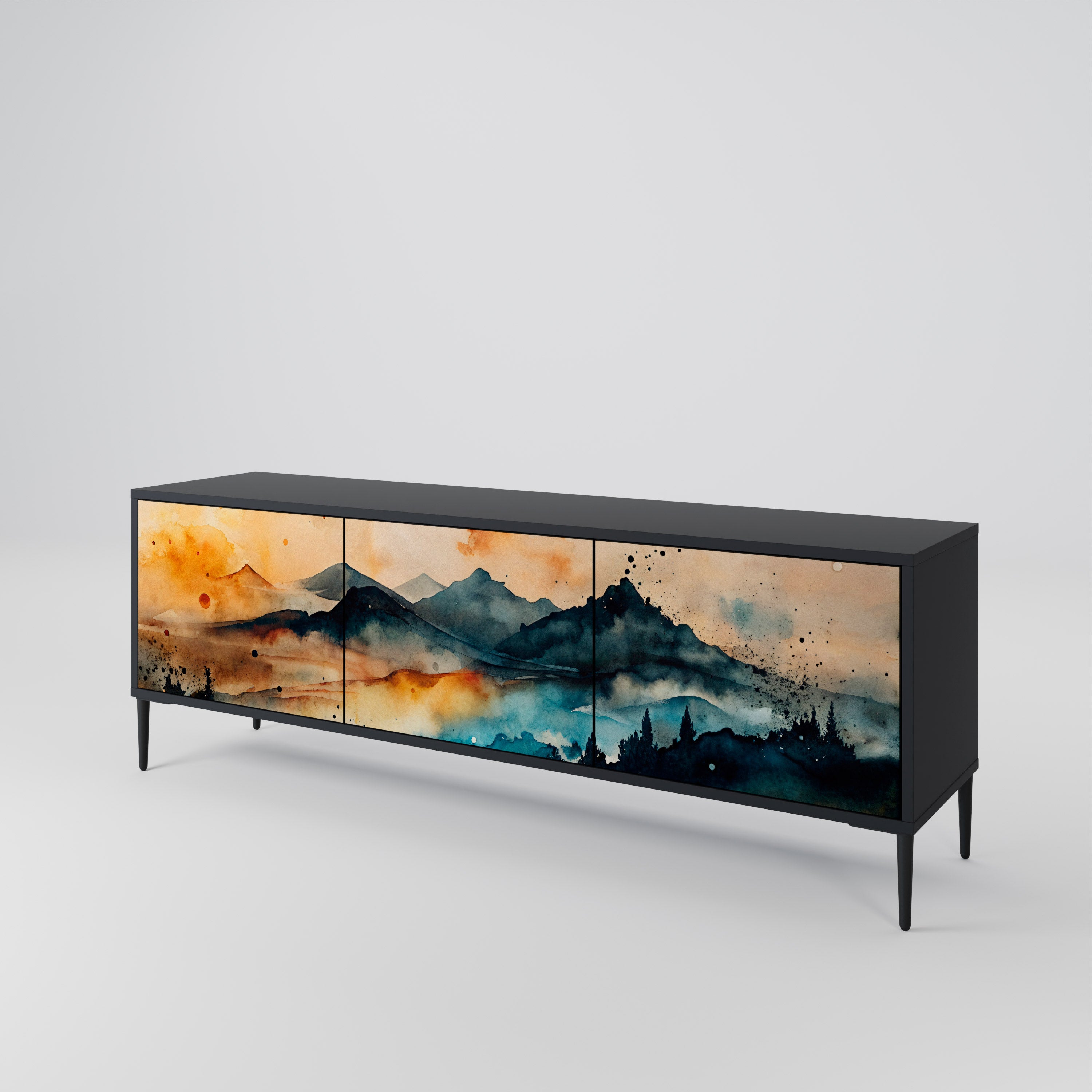 Mueble de TV de 3 puertas OMINOUS MOUNTAINS con acabado negro