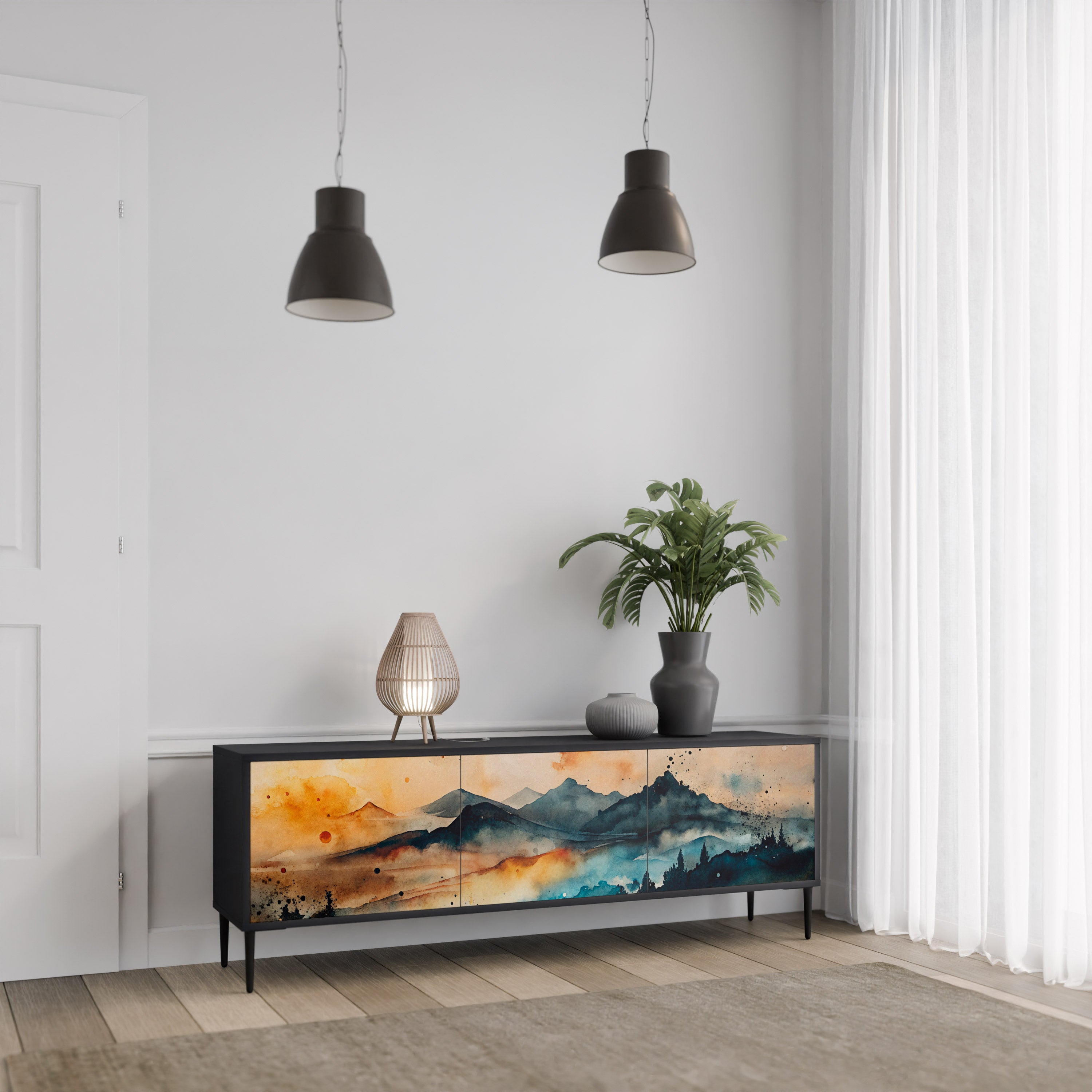Mueble de TV de 3 puertas OMINOUS MOUNTAINS con acabado negro