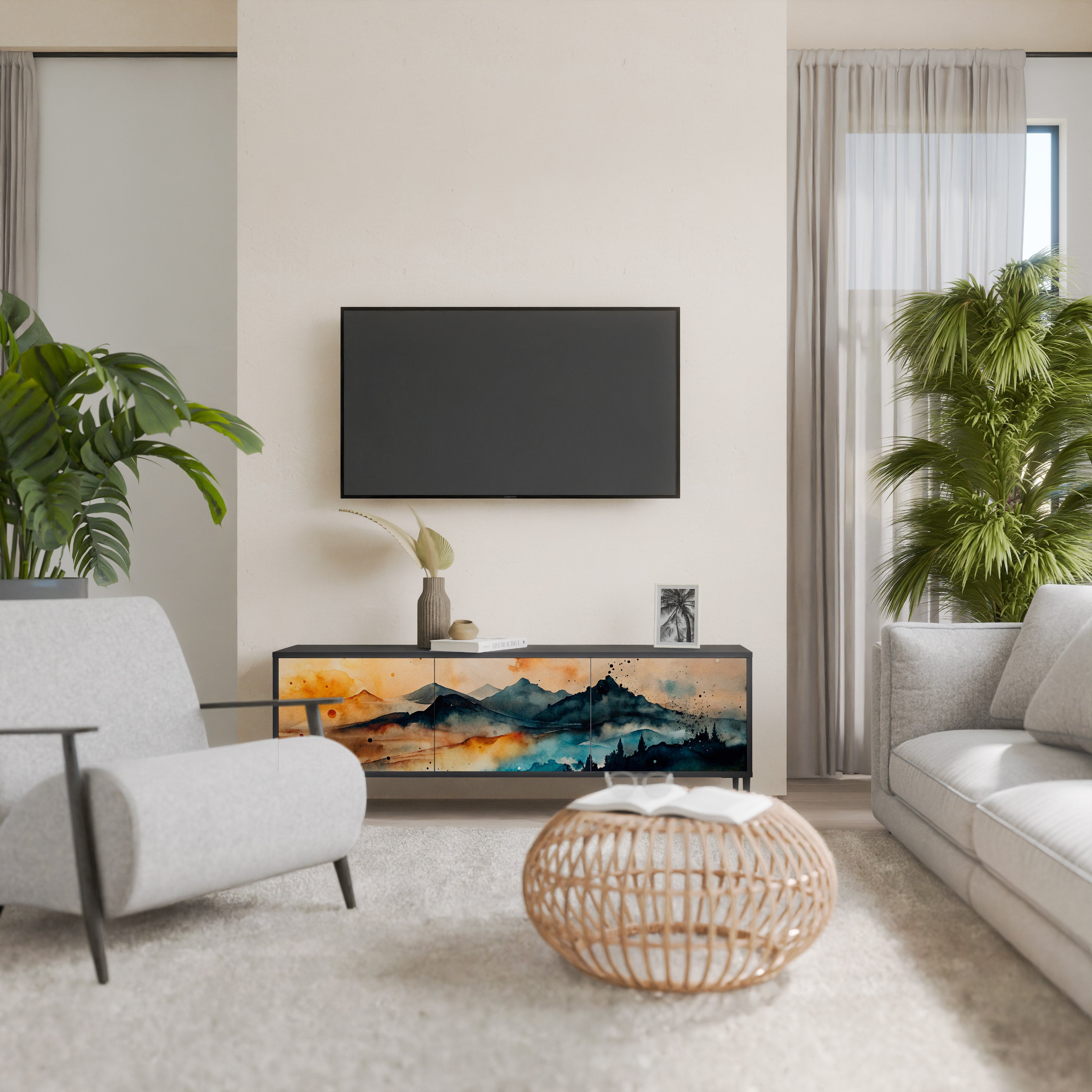 Mueble de TV de 3 puertas OMINOUS MOUNTAINS con acabado negro