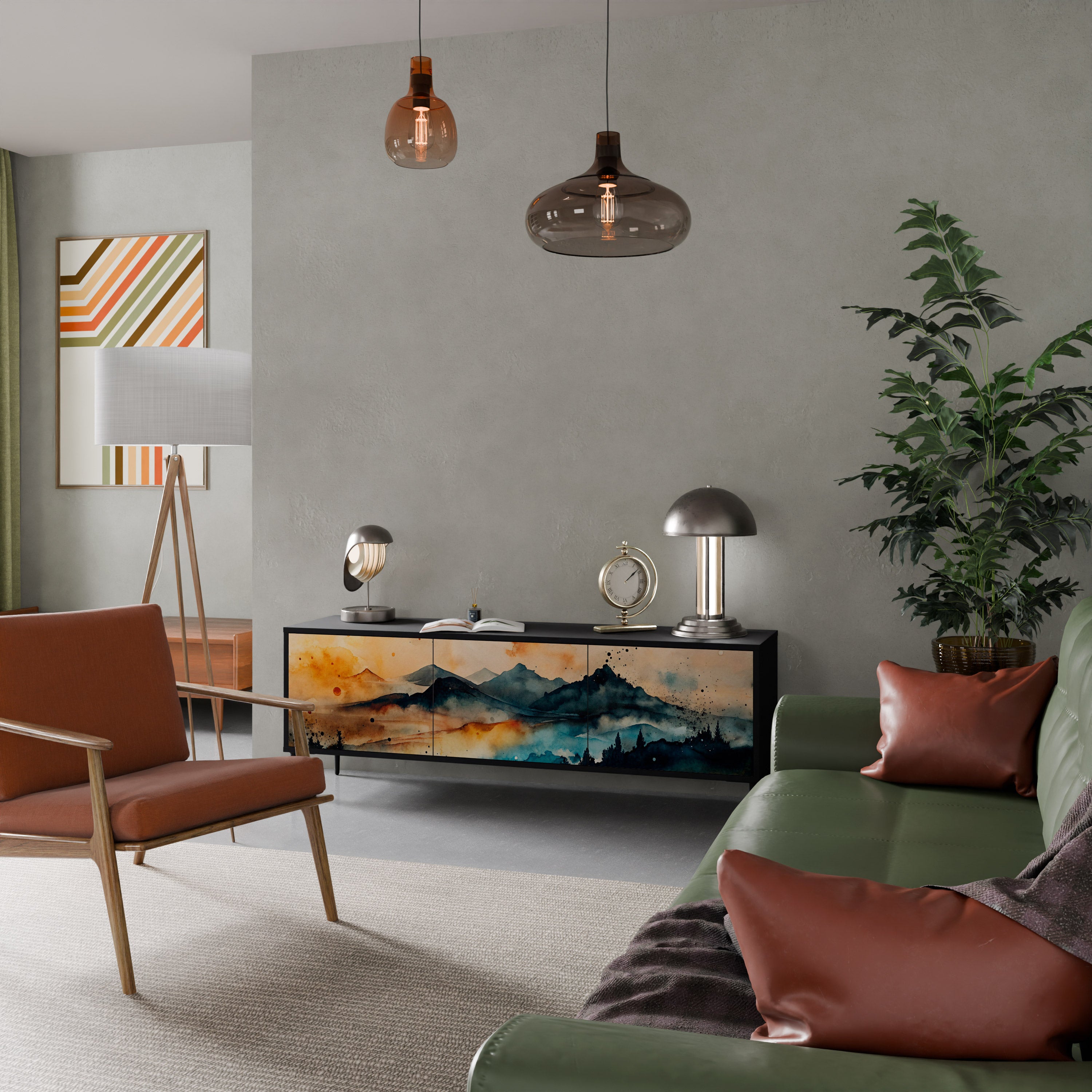 Mueble de TV de 3 puertas OMINOUS MOUNTAINS con acabado negro