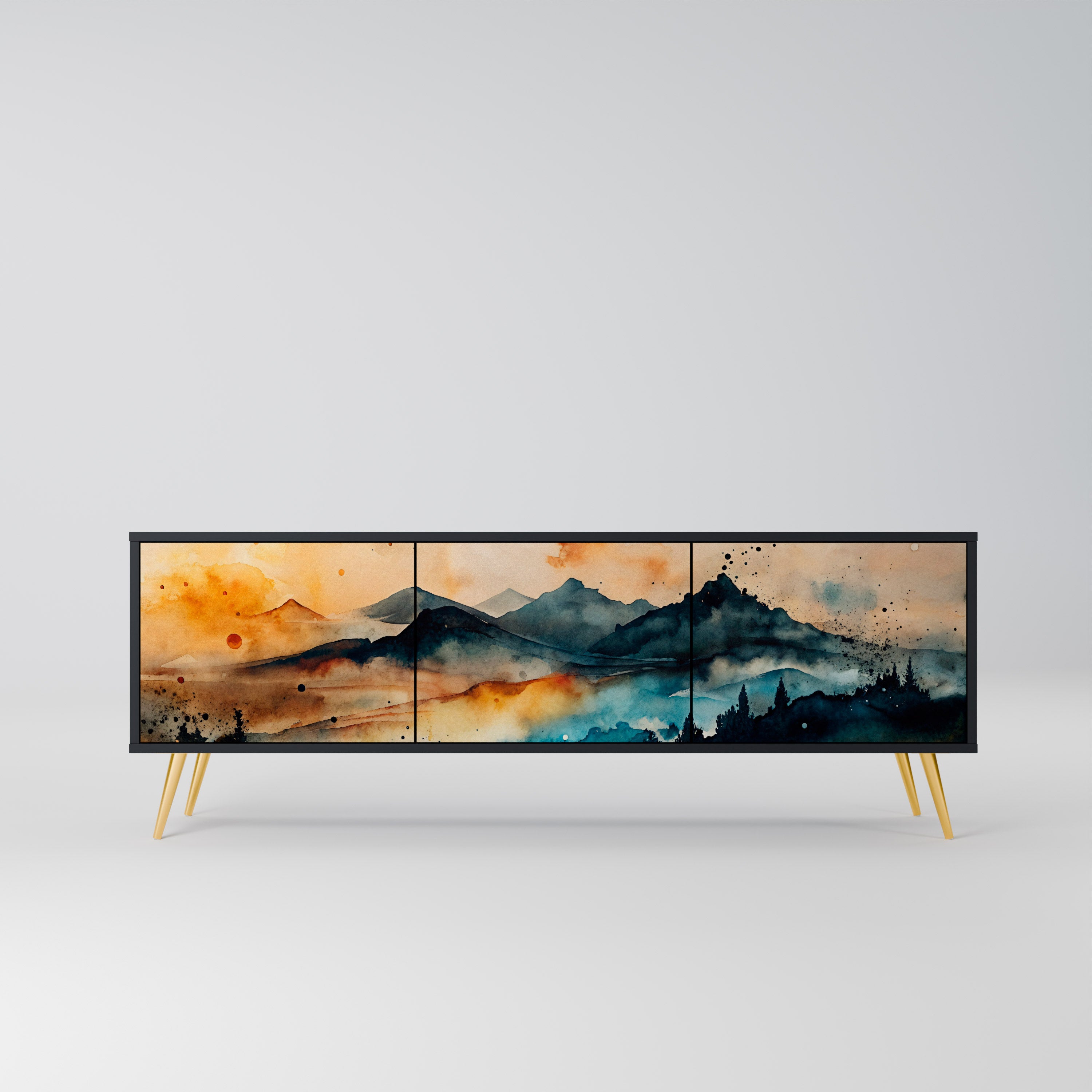 Mueble de TV de 3 puertas OMINOUS MOUNTAINS con acabado negro