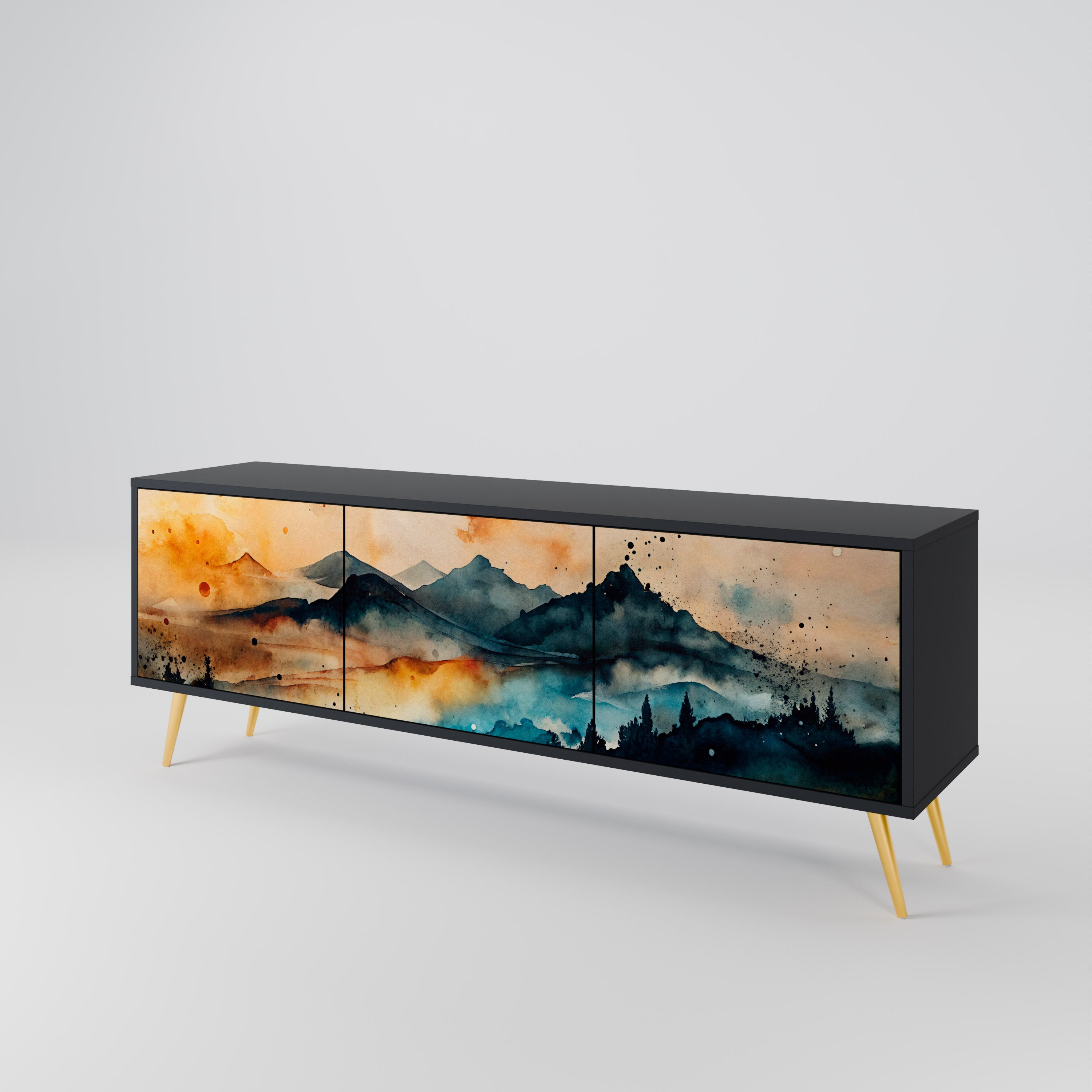 Mueble de TV de 3 puertas OMINOUS MOUNTAINS con acabado negro