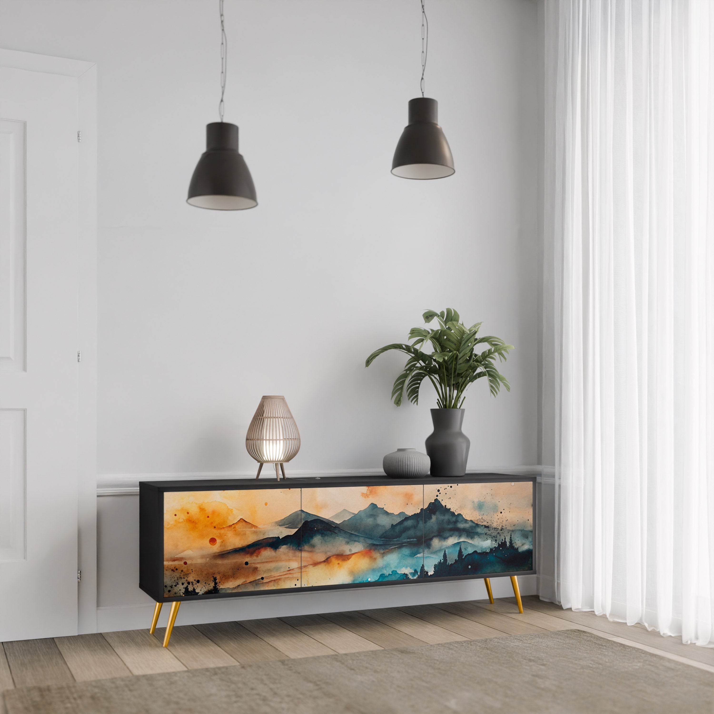 Mueble de TV de 3 puertas OMINOUS MOUNTAINS con acabado negro