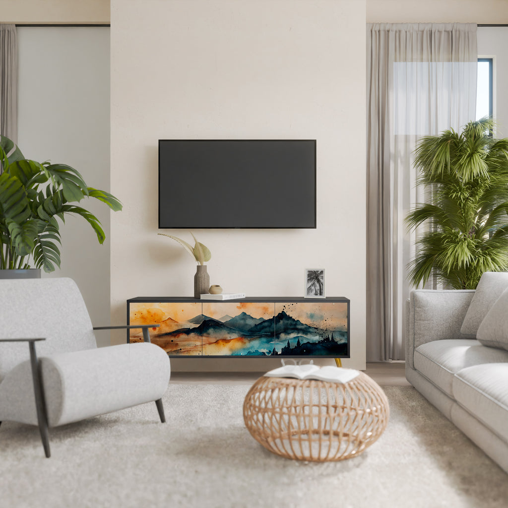 Mueble de TV de 3 puertas OMINOUS MOUNTAINS con acabado negro