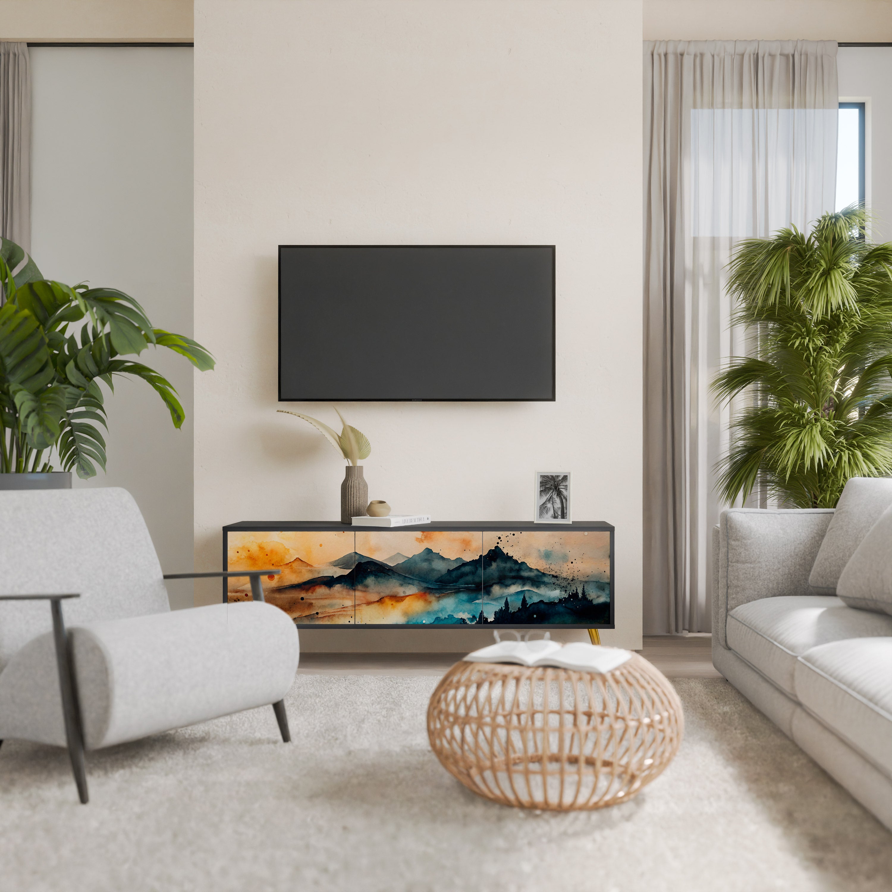 Mueble de TV de 3 puertas OMINOUS MOUNTAINS con acabado negro