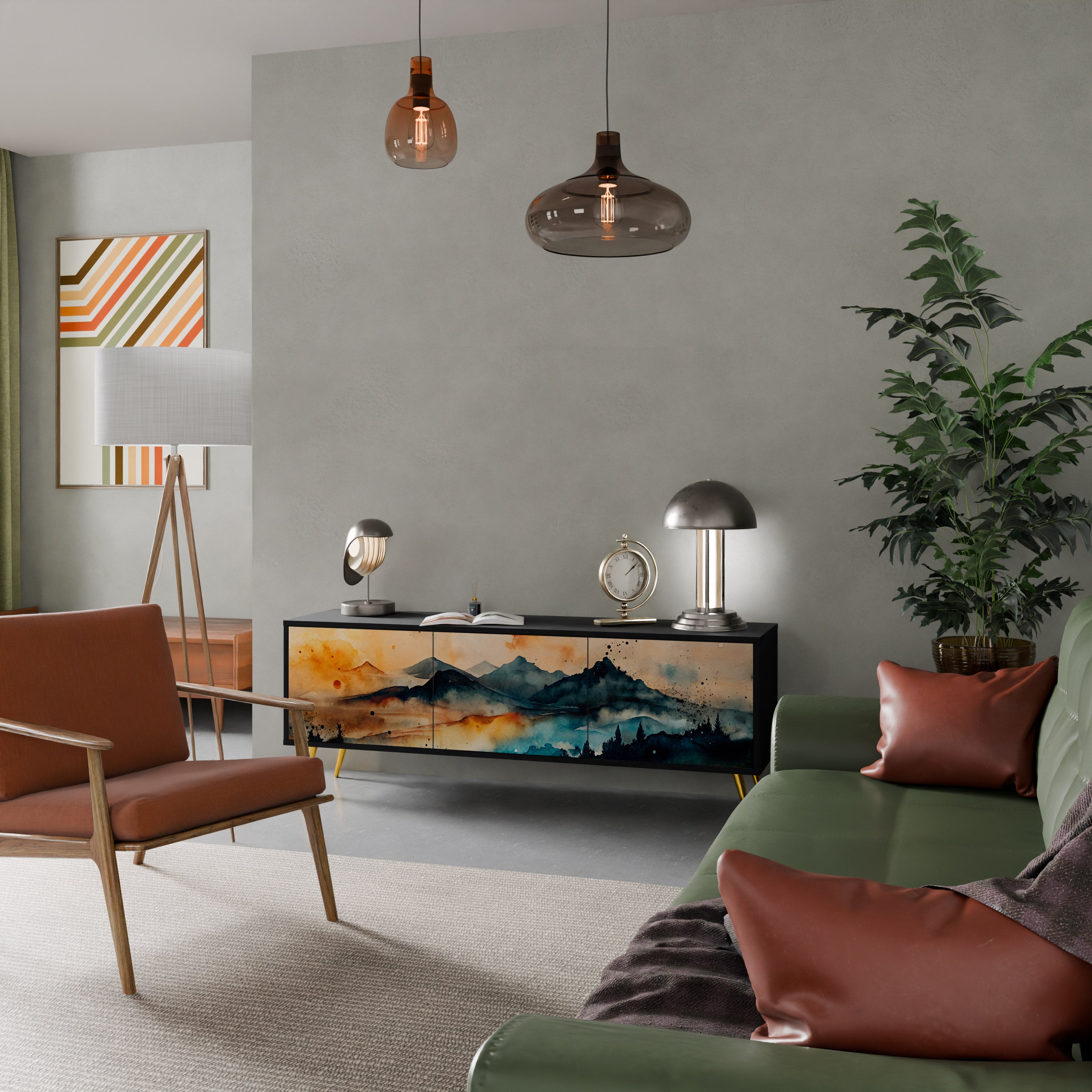 Mueble de TV de 3 puertas OMINOUS MOUNTAINS con acabado negro
