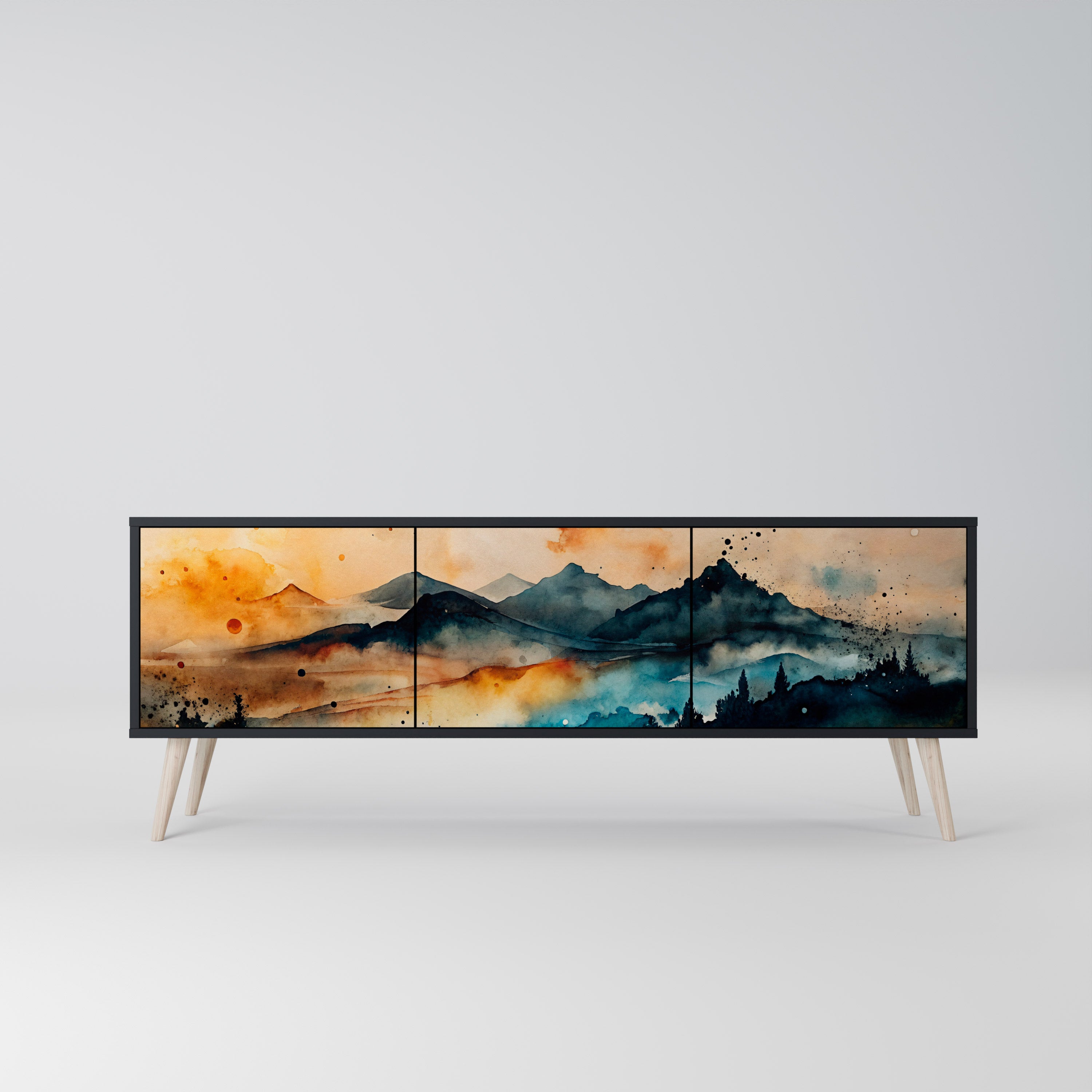 Mueble de TV de 3 puertas OMINOUS MOUNTAINS con acabado negro