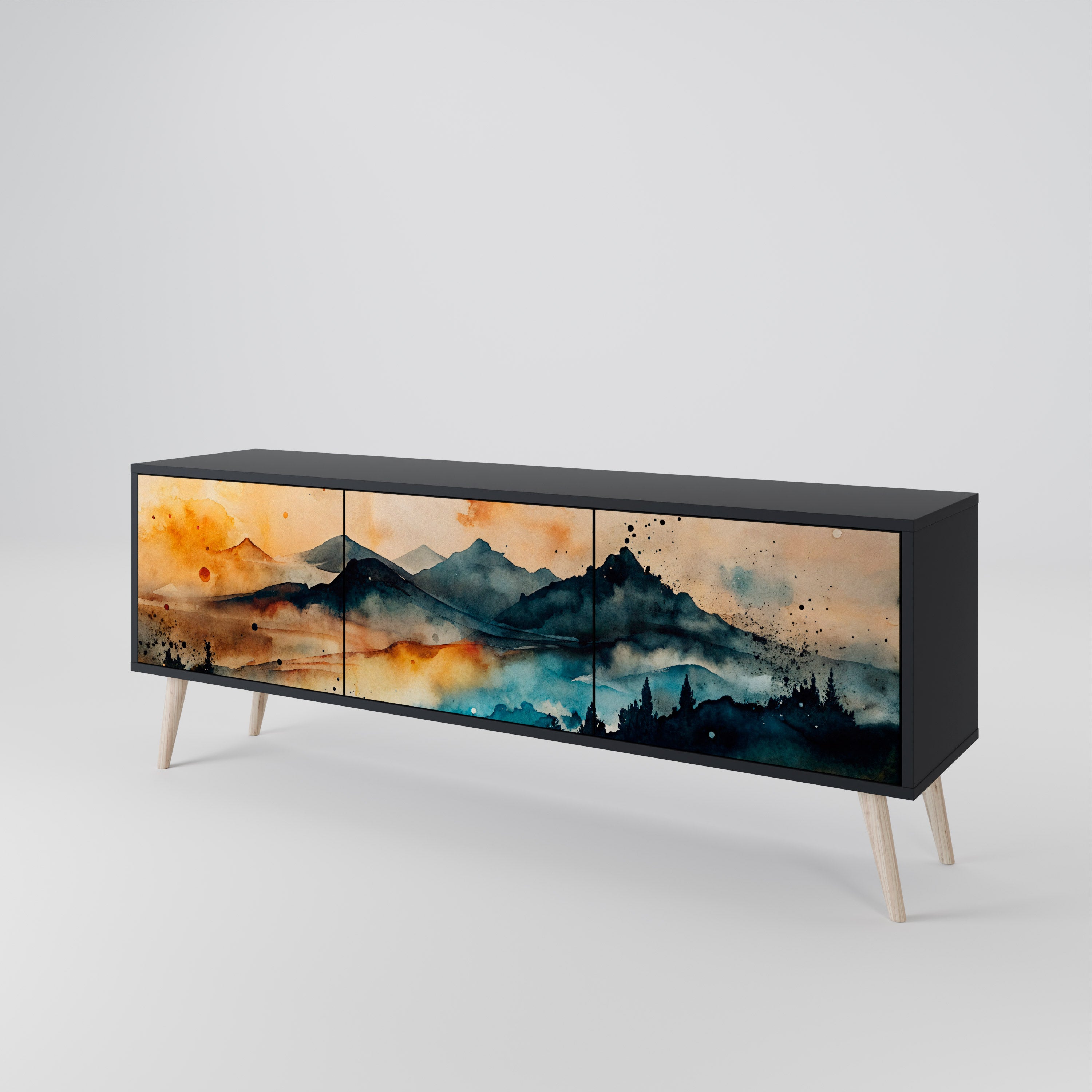 Mueble de TV de 3 puertas OMINOUS MOUNTAINS con acabado negro