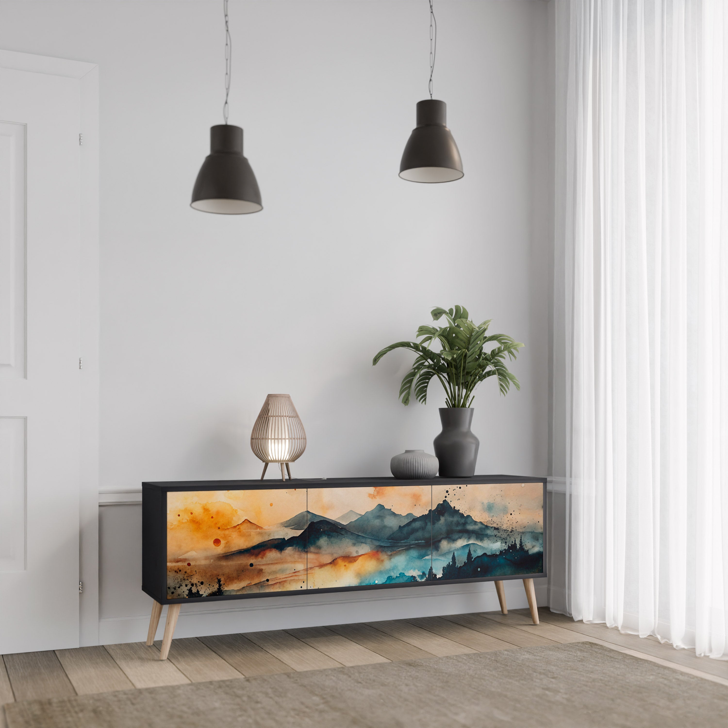 Mueble de TV de 3 puertas OMINOUS MOUNTAINS con acabado negro
