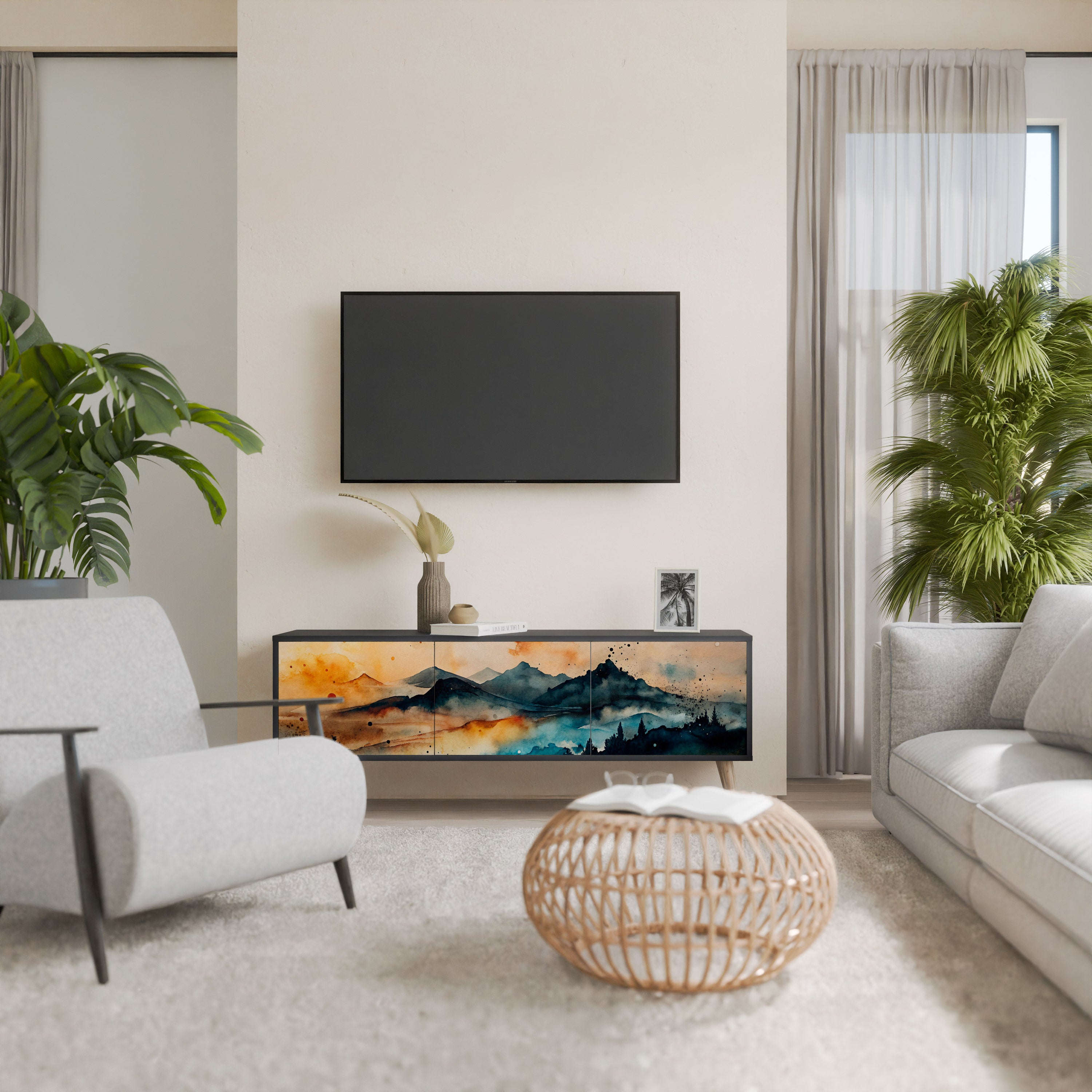 Mueble de TV de 3 puertas OMINOUS MOUNTAINS con acabado negro