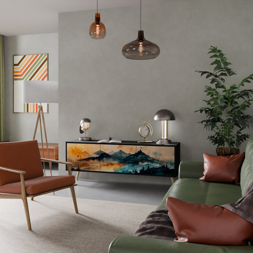 Mueble de TV de 3 puertas OMINOUS MOUNTAINS con acabado negro