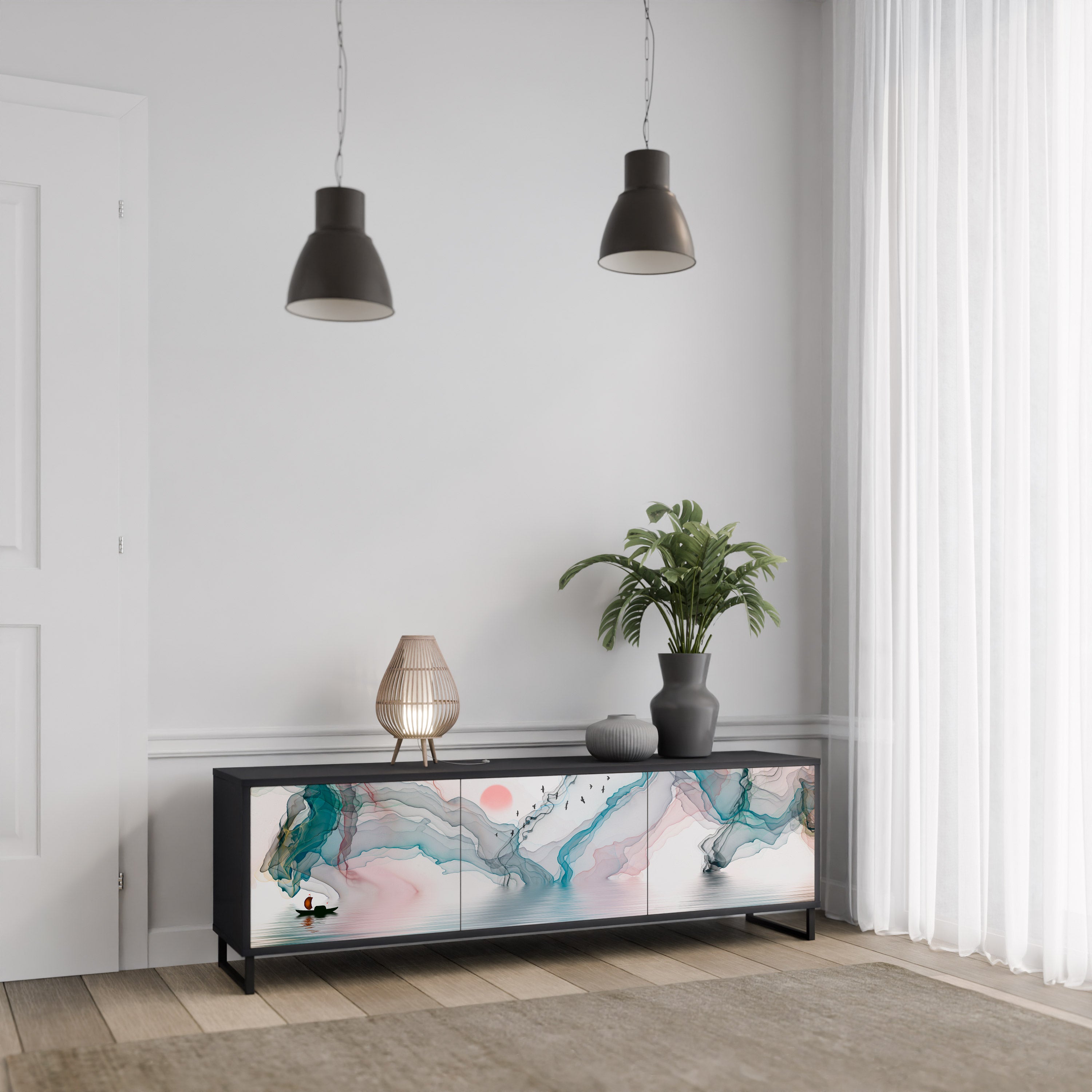 Mueble de TV de 3 puertas VELVET CROSSING con acabado negro