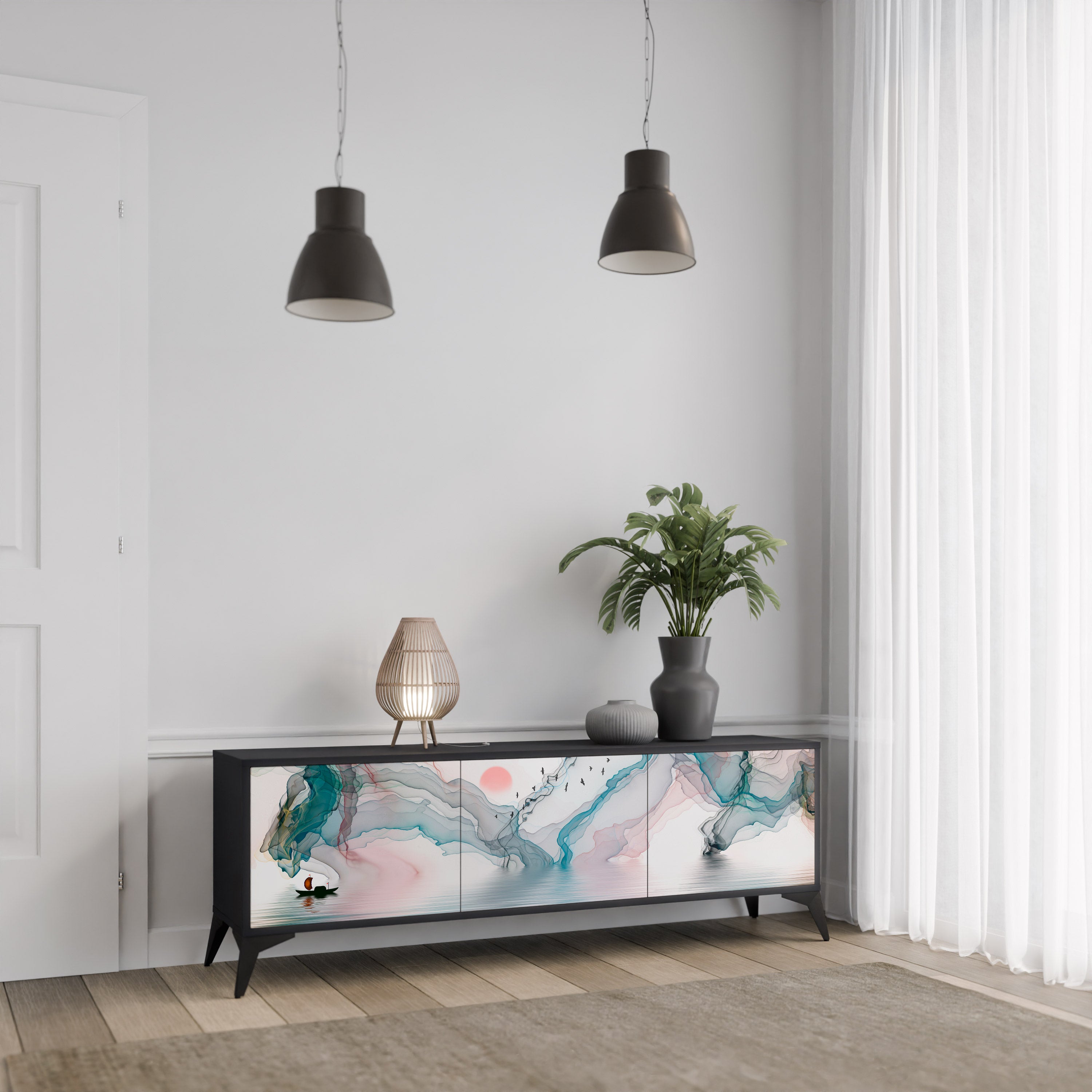 Mueble de TV de 3 puertas VELVET CROSSING con acabado negro