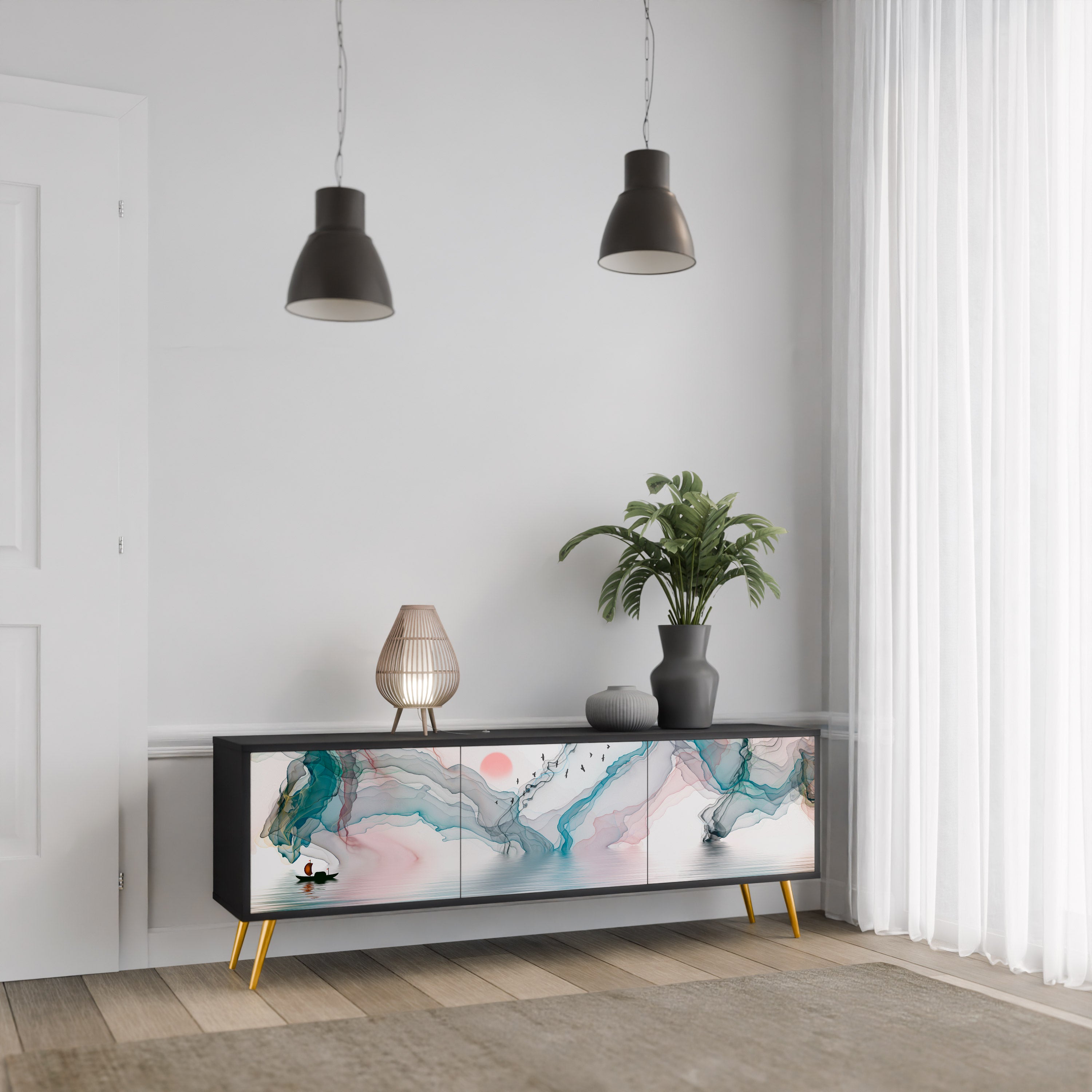 Mueble de TV de 3 puertas VELVET CROSSING con acabado negro