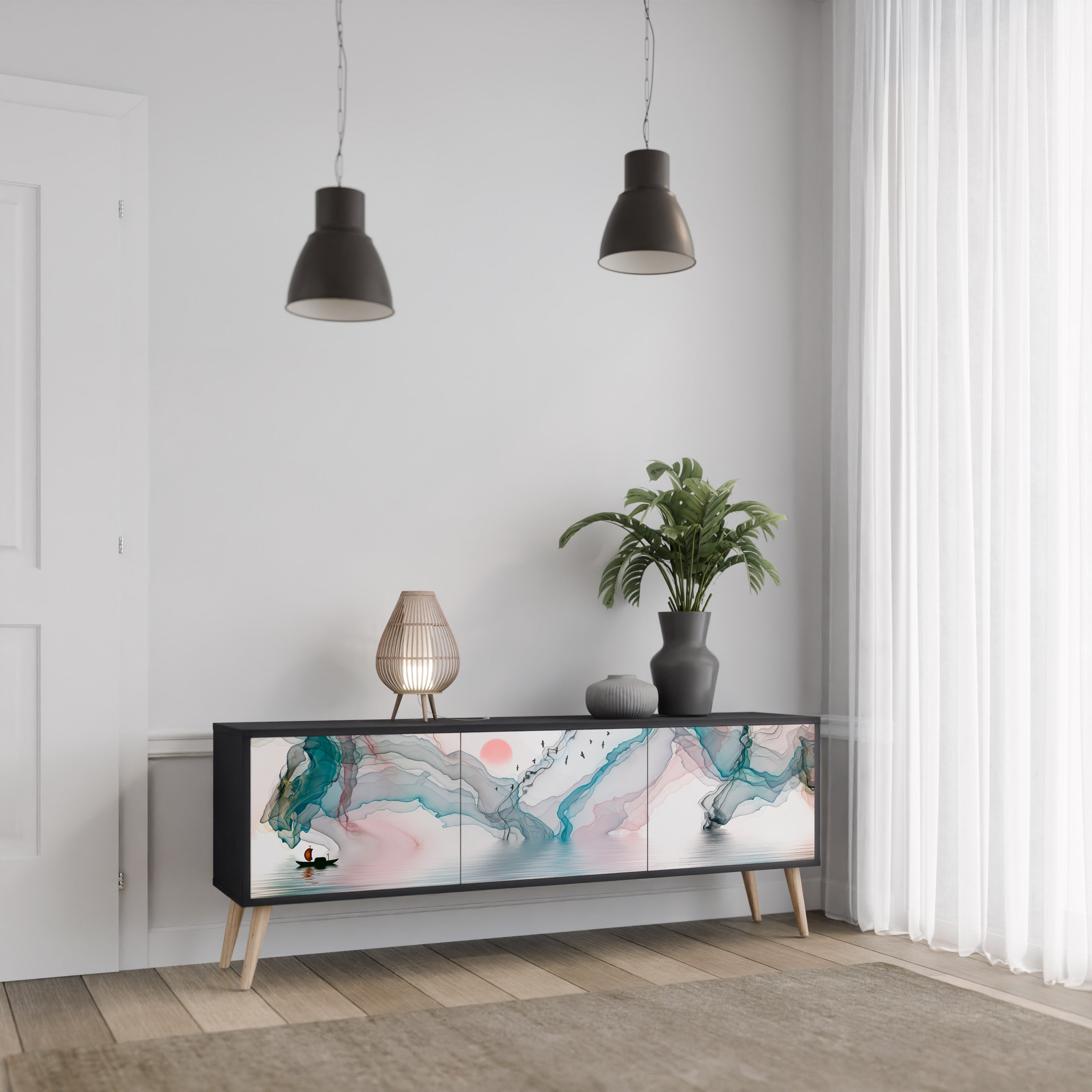 Mueble de TV de 3 puertas VELVET CROSSING con acabado negro