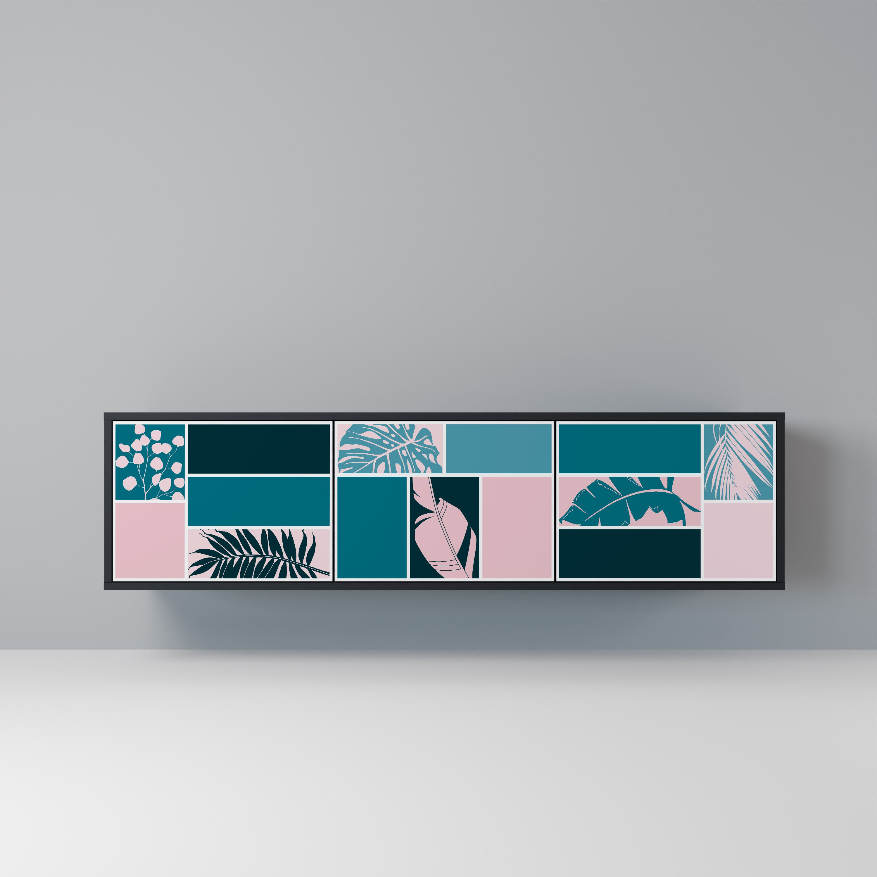 COMBINACIÓN DE FORMAS Mueble de TV de 3 puertas en acabado negro
