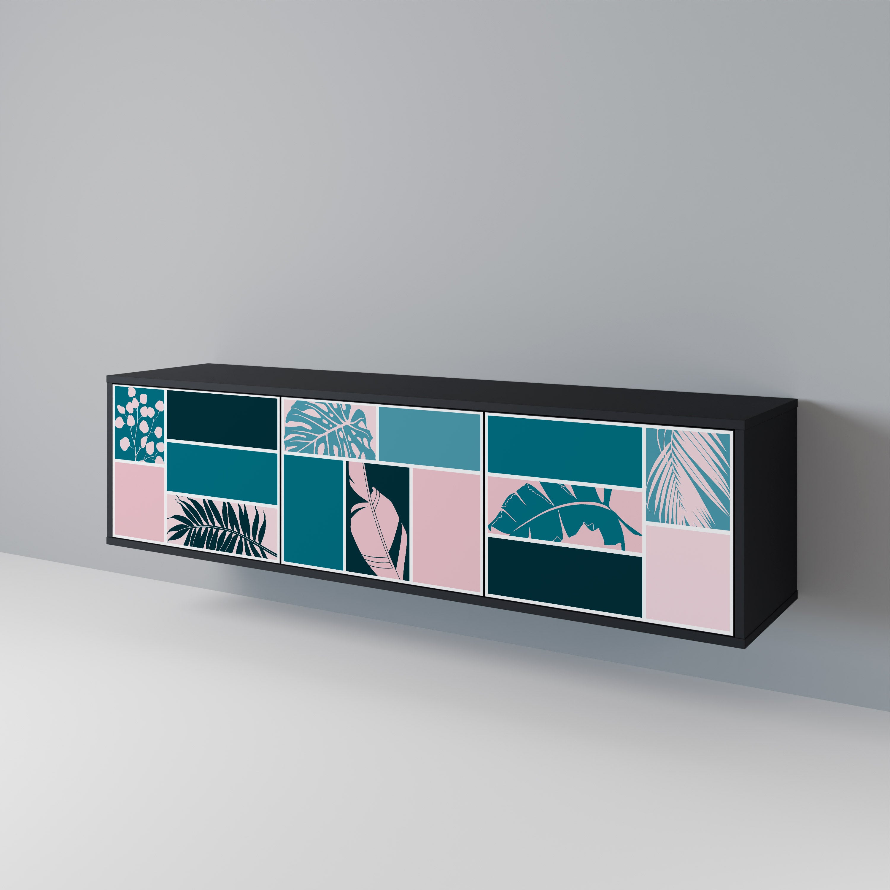 COMBINACIÓN DE FORMAS Mueble de TV de 3 puertas en acabado negro