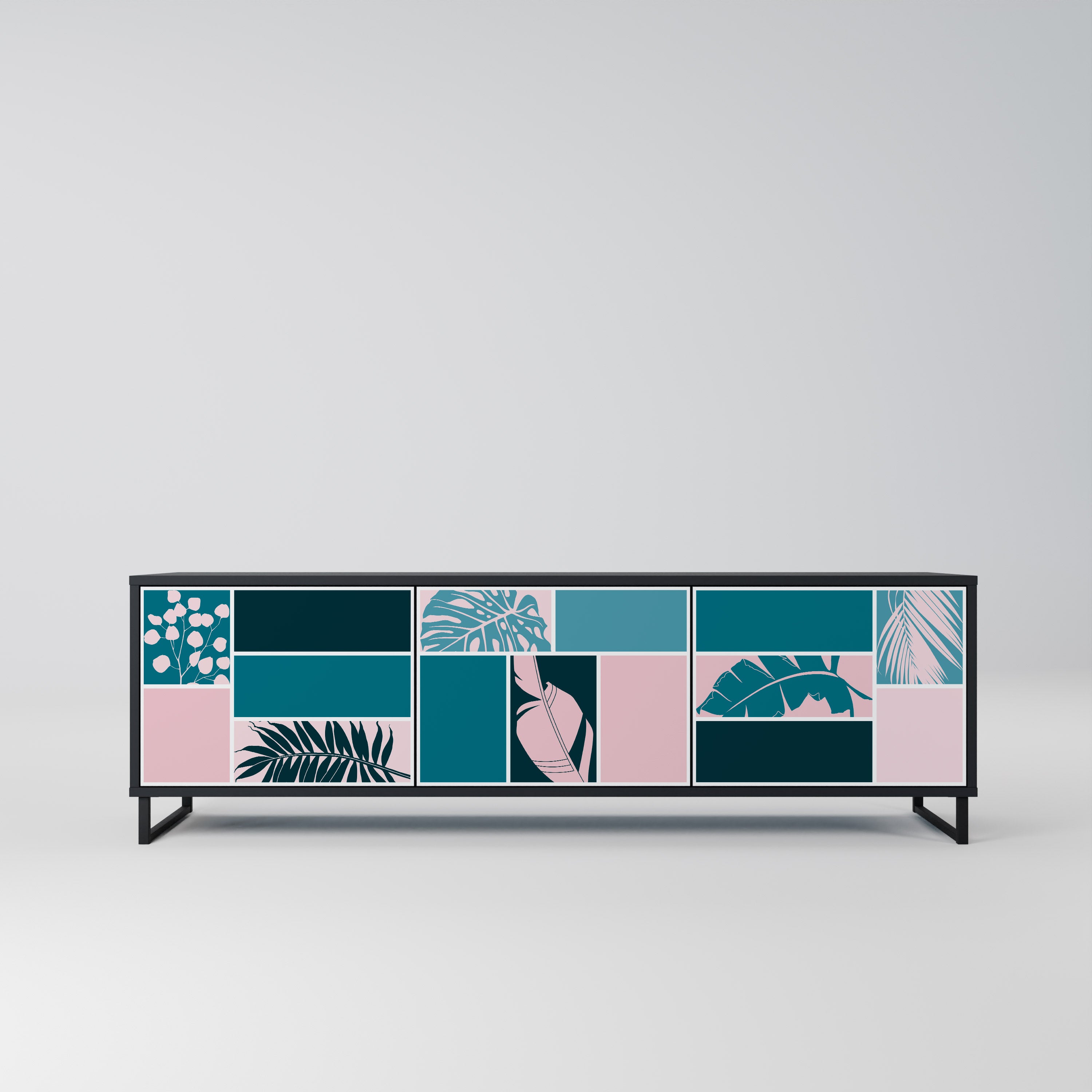 COMBINACIÓN DE FORMAS Mueble de TV de 3 puertas en acabado negro