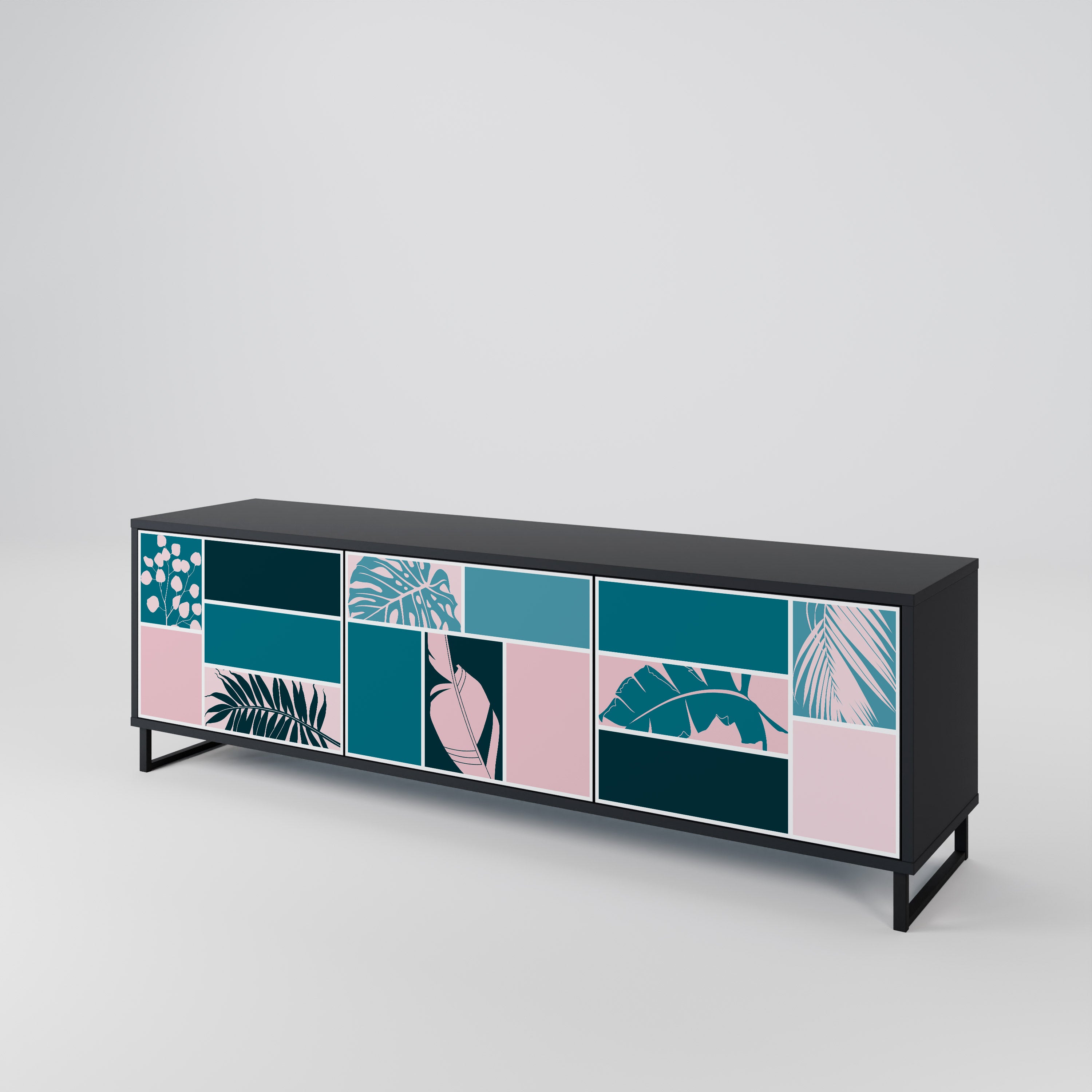 COMBINACIÓN DE FORMAS Mueble de TV de 3 puertas en acabado negro