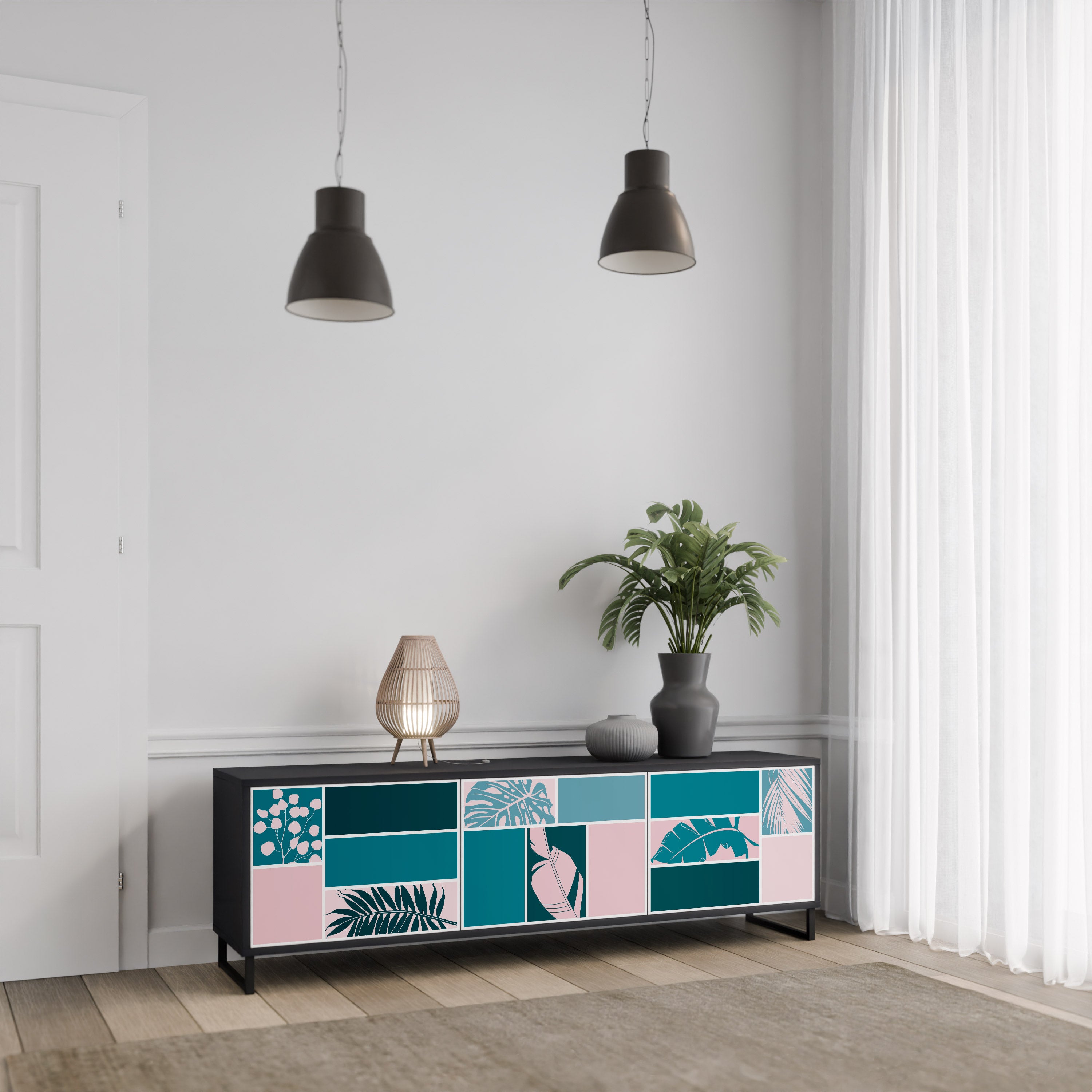 COMBINACIÓN DE FORMAS Mueble de TV de 3 puertas en acabado negro