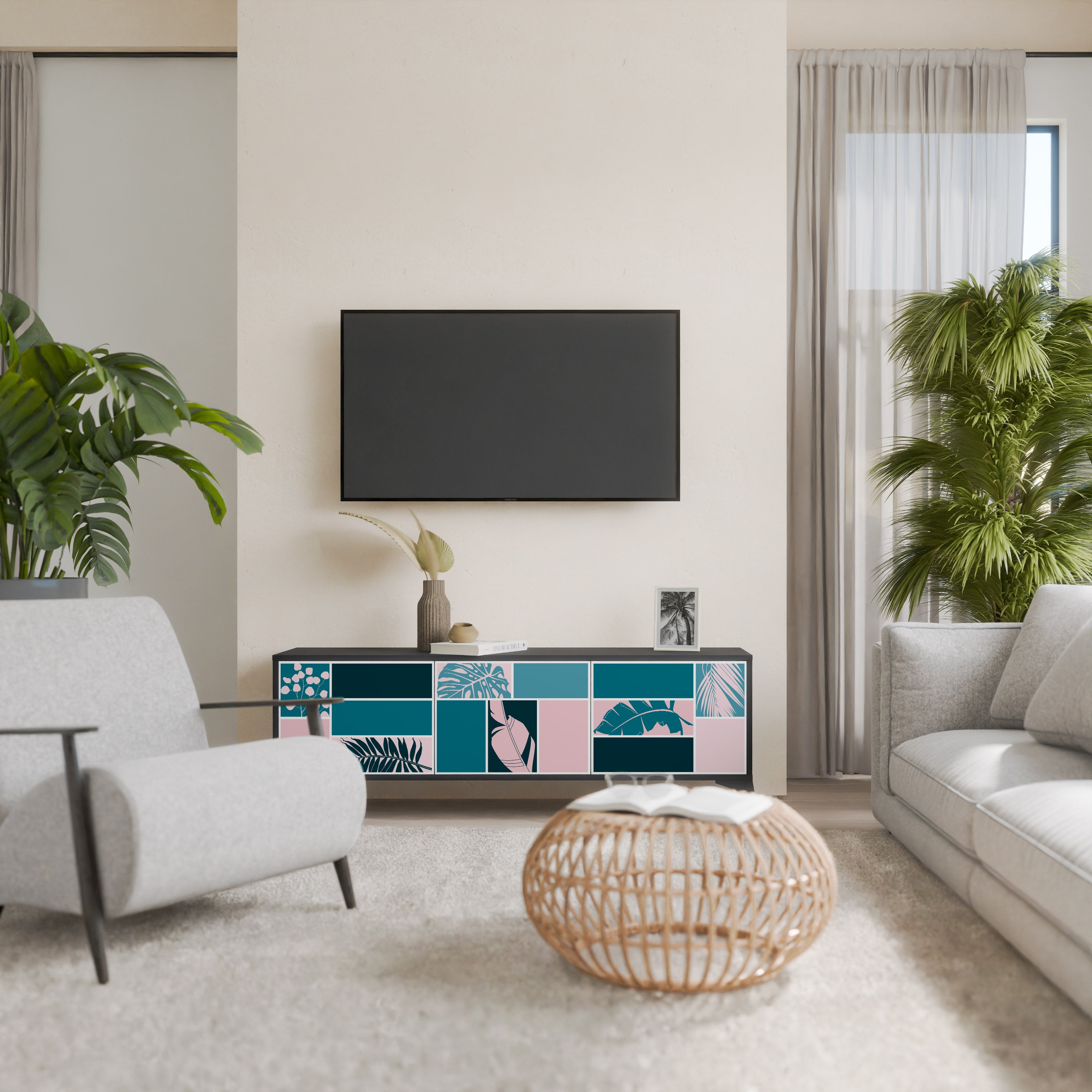 COMBINACIÓN DE FORMAS Mueble de TV de 3 puertas en acabado negro