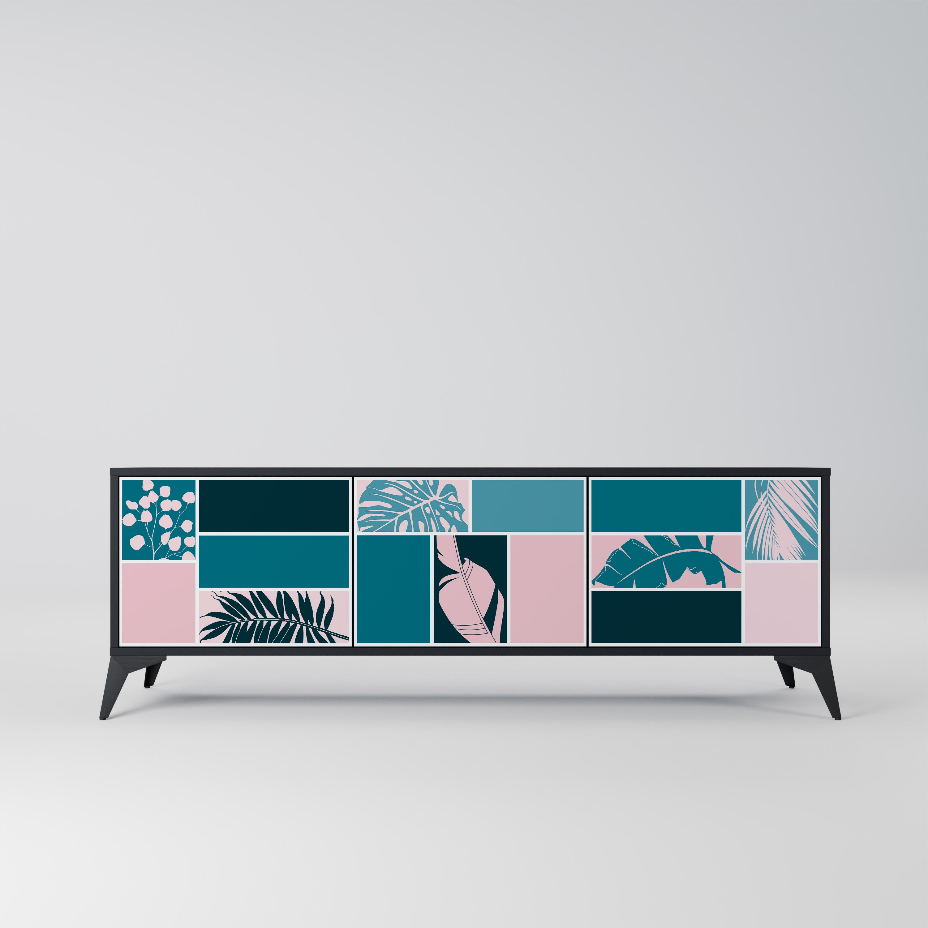 COMBINACIÓN DE FORMAS Mueble de TV de 3 puertas en acabado negro